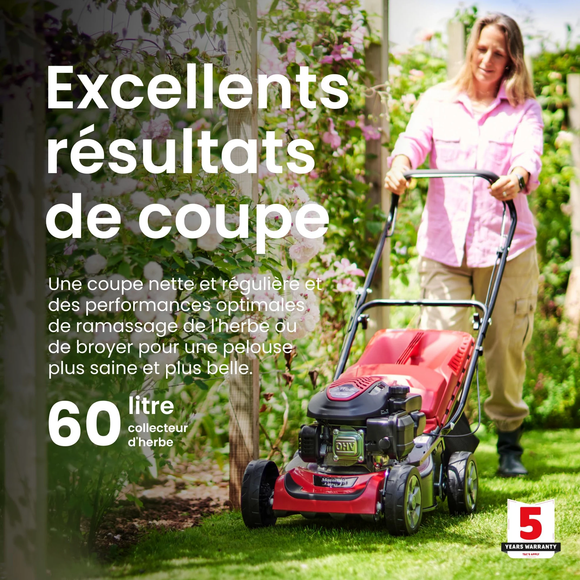 Mountfield Tondeuse HP42, 41 cm – Essence 123 cm³, Bac 60 l – Poignées Pliables, Réglage 6 Positions – Pelouses Jusqu'À 300 m²