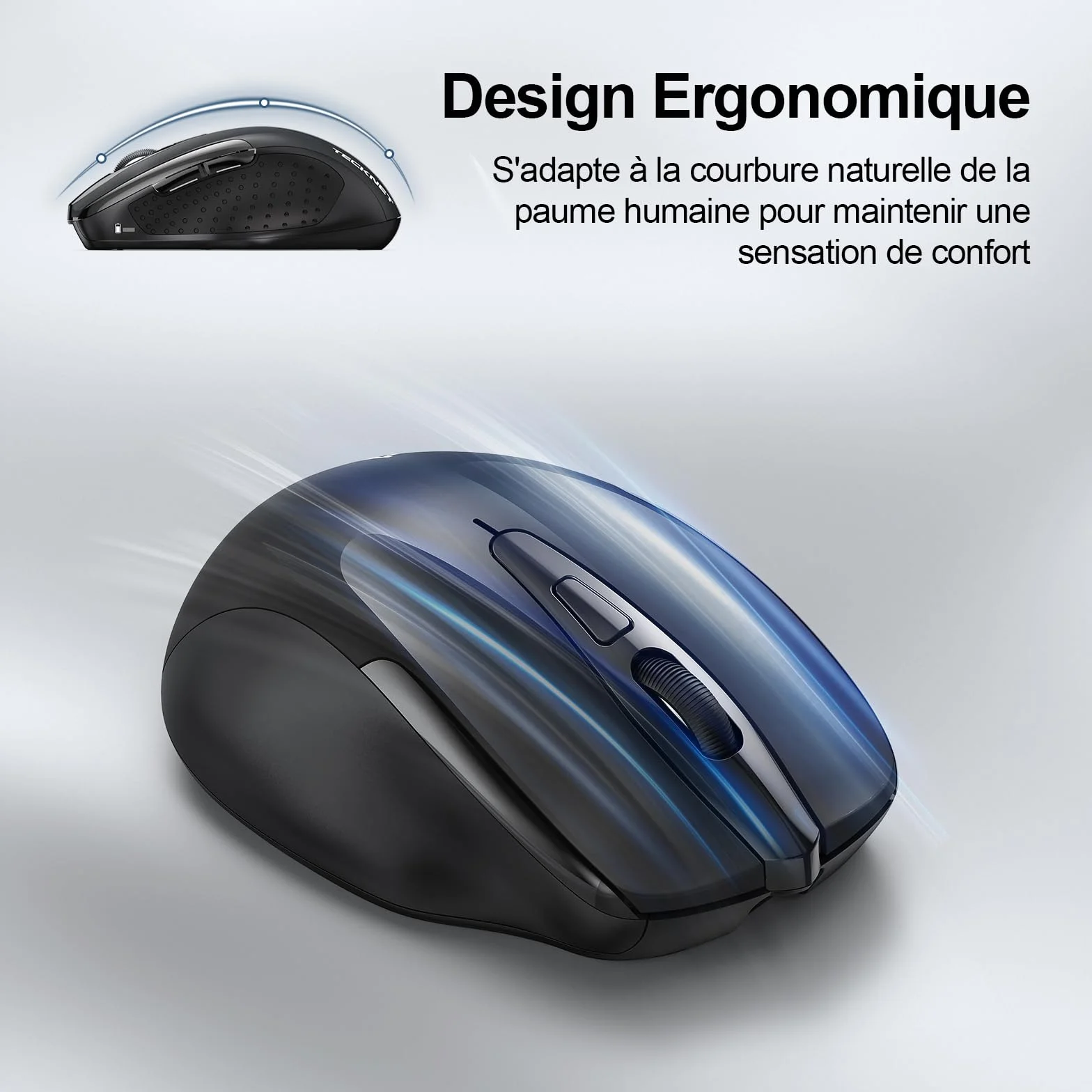 TECKNET Souris Bluetooth sans Fil Rechargeable Silencieuse 3 Modes 4800 DPI Ergonomique Noir