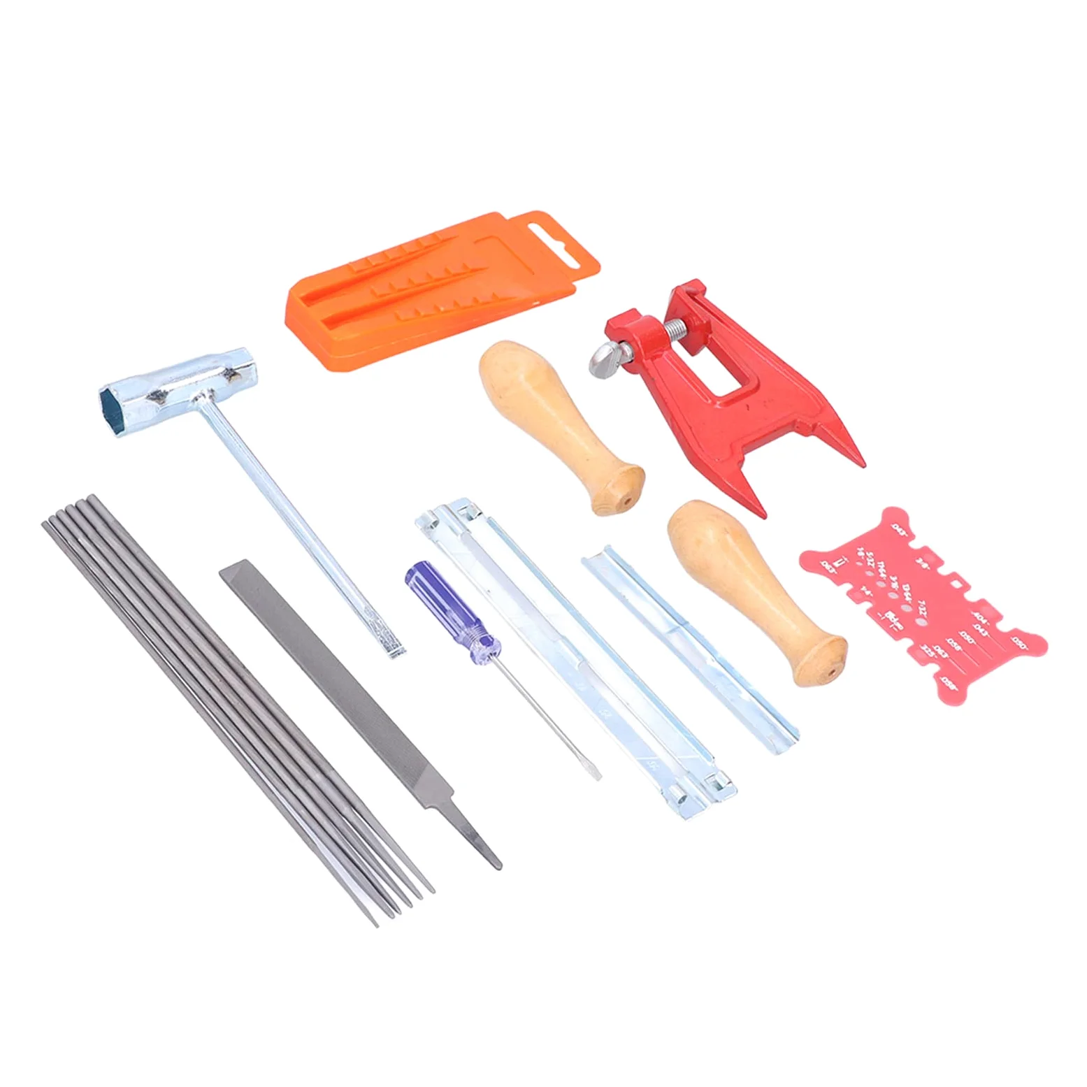 Tyenaza Kit d'affûtage de tronçonneuse 16 pièces avec étui de Rangement, Comprenant Une Lime Ronde, Un Tournevis Plat, Un Guide de Lime, Un Manche en Bois, Une Barre d'abattage et Un Outil de Mesure.