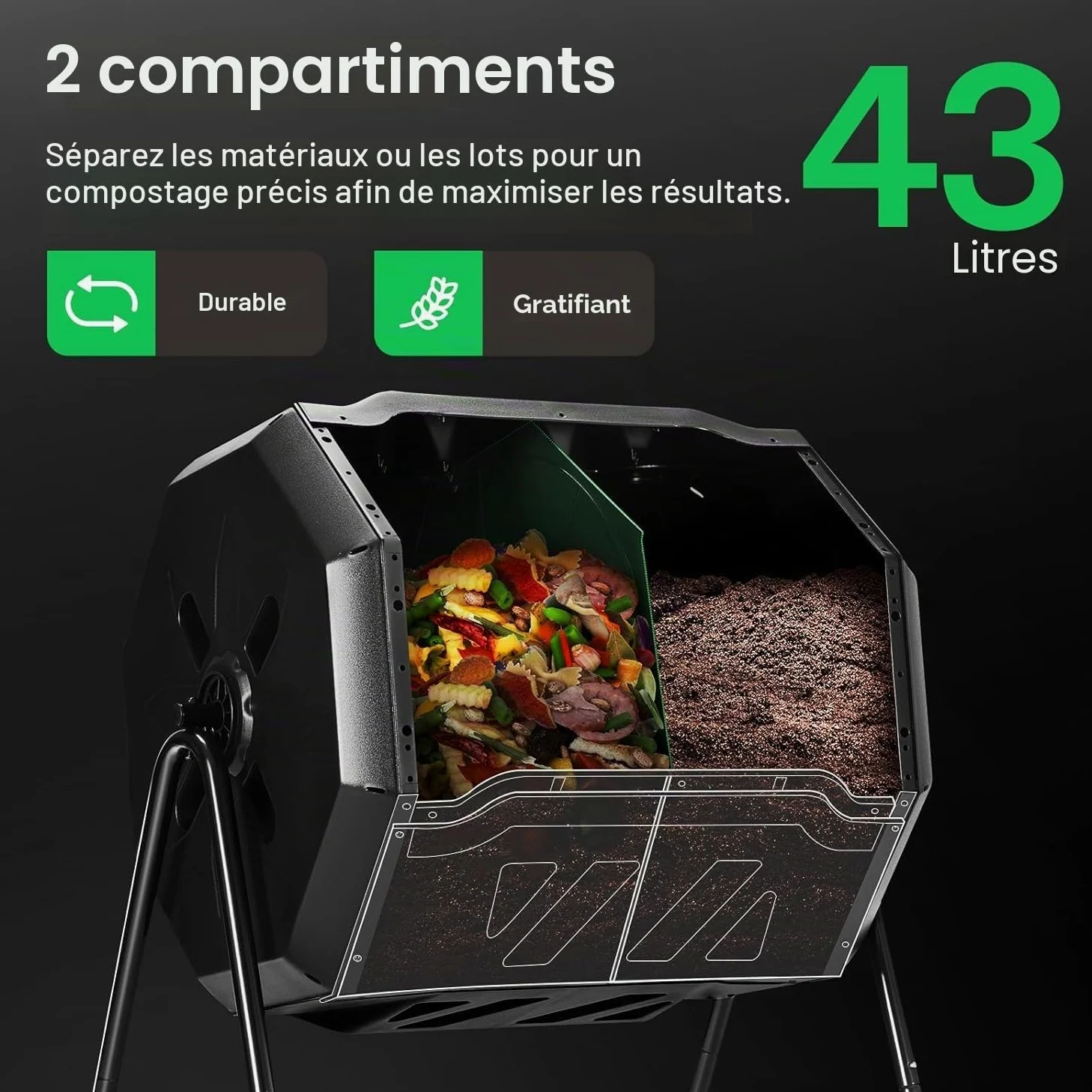 VIVOSUN Composteur d'extérieur Rotatif à Double Lots, 120 litres avec Porte Noire