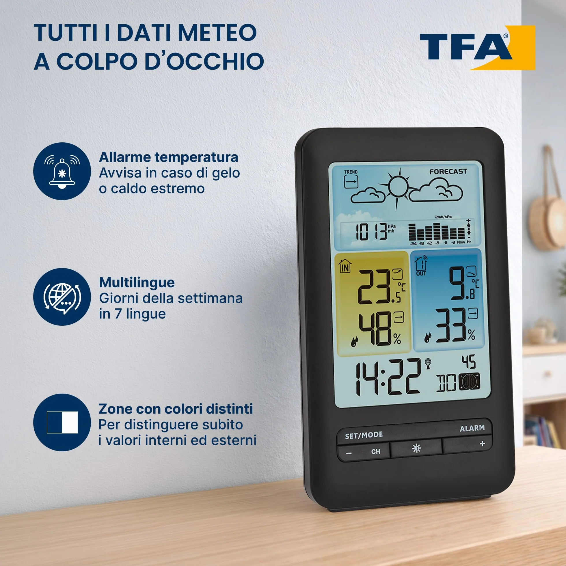 TFA Dostmann Station météo sans fil, 35.1165.01, prévisions météo avec symboles, pression atmosphérique avec graphique, phase de lune, horloge, valeurs max et min, en exclusivité sur Amazon, noir