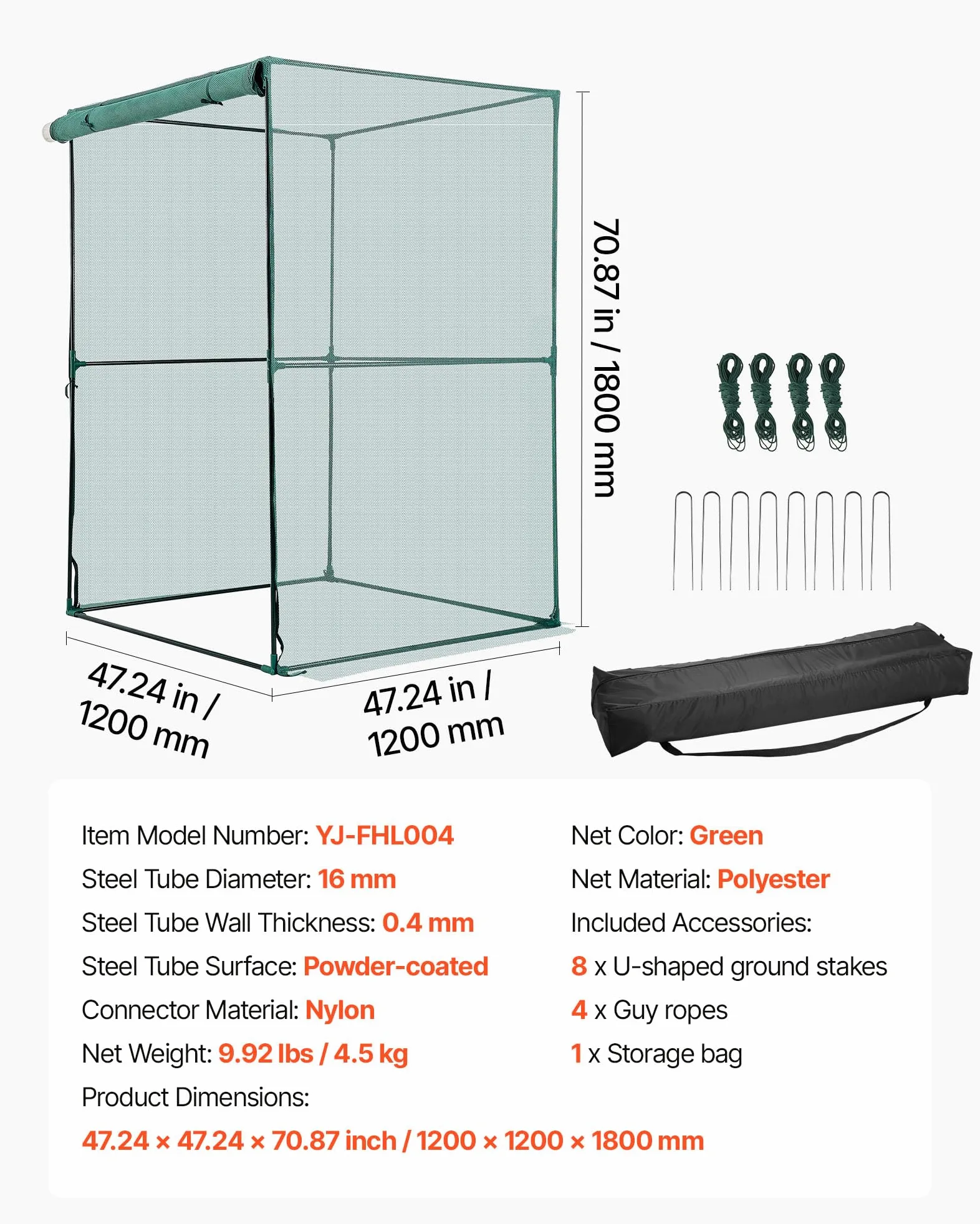 VEVOR Cage à Culture Jardin 1,2x1,2x1,8 m Cage à Plantes avec Porte Zippée pour Tomates, Filet Anti Oiseaux Résistante au Vent Filet de Protection de Plantes Couverture de Potager Surélevé Extérieur