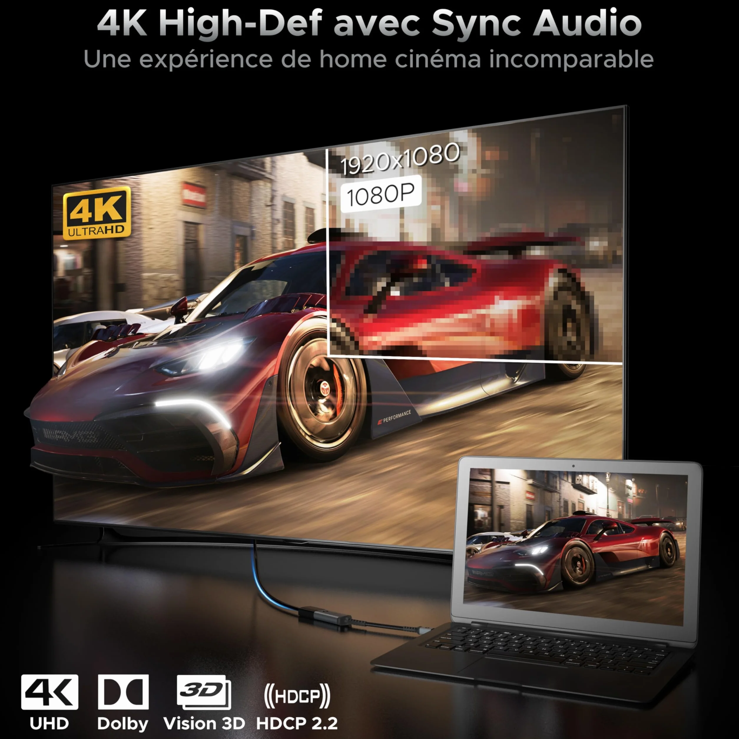 WARRKY 4K Adaptateur Mini DisplayPort vers HDMI, UHD 60Hz 1080P 120Hz Thunderbolt Compatible MacBook Air Pro Mac Mini iMac Surface Pro