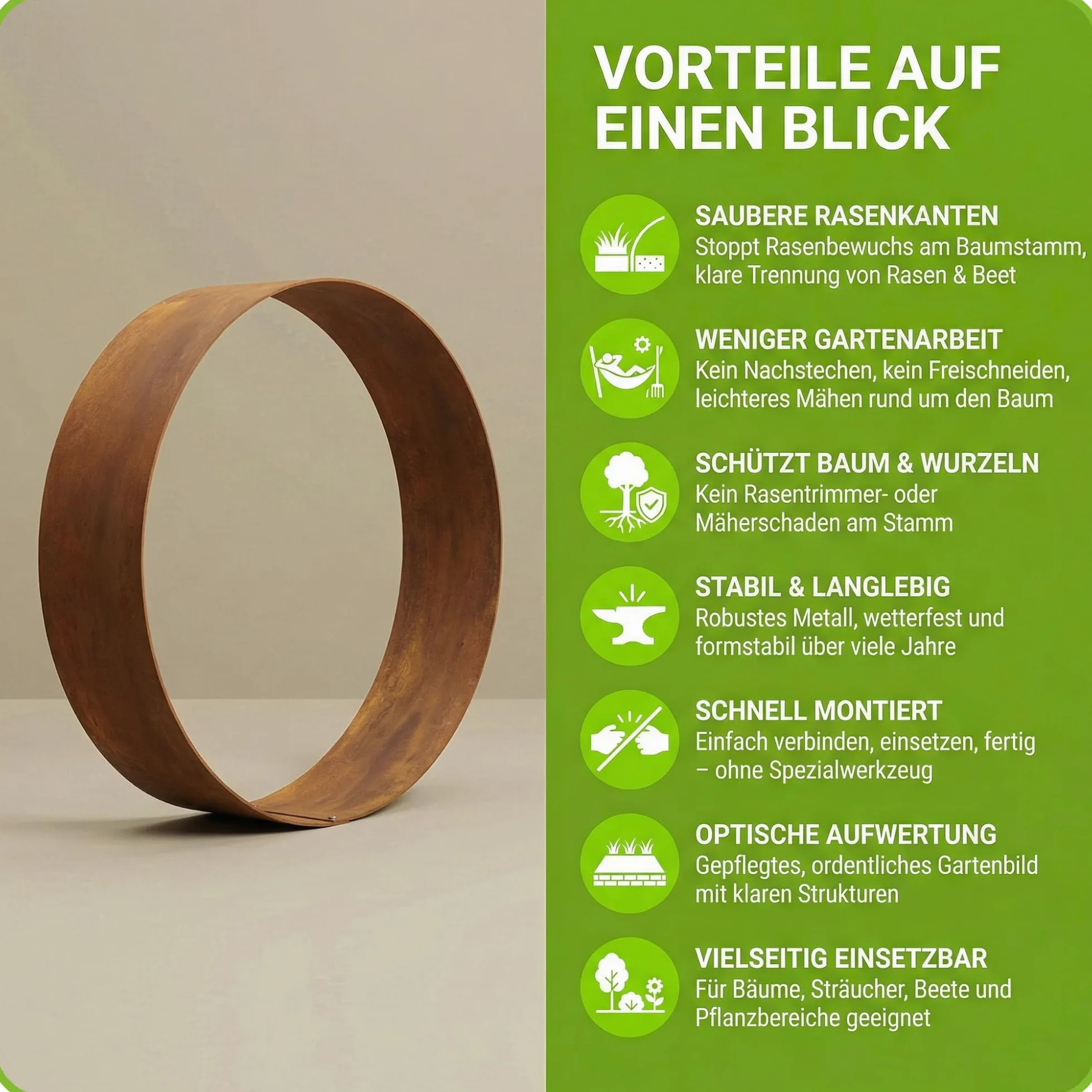 innogard Anneau d'arbre rond Ø 155 cm en acier Corten Hauteur 24 cm – Bordure d'arbre et bordure de pelouse en métal aspect rouille – Bordure de parterre ronde pour jardin – Anneau de plantation