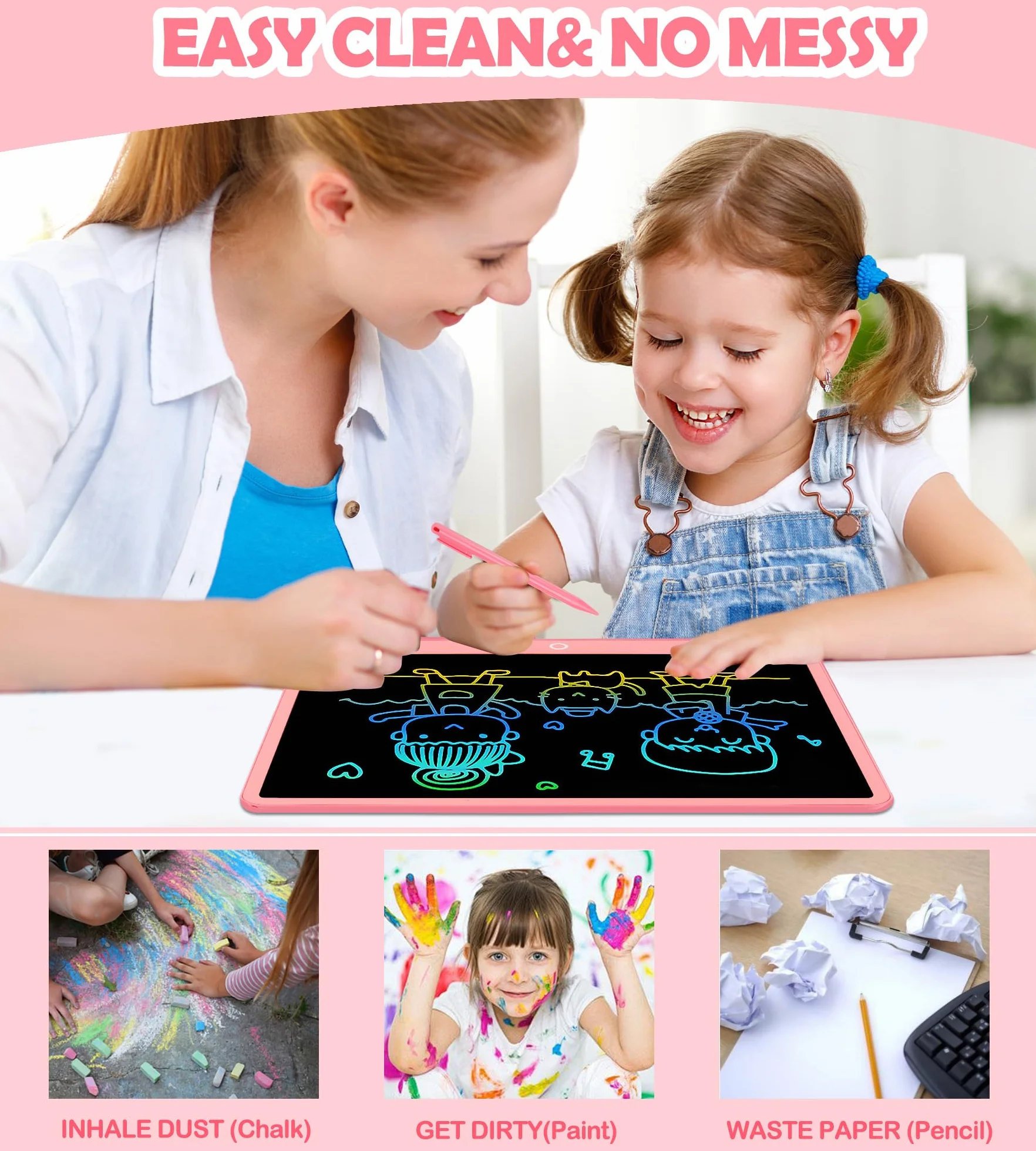 Tablette D'écriture LCD 16 Pouces, Tablette Dessin Enfant, Ardoise Magique Jouets Éducatifs Cadeaux Noël 3-9 Ans