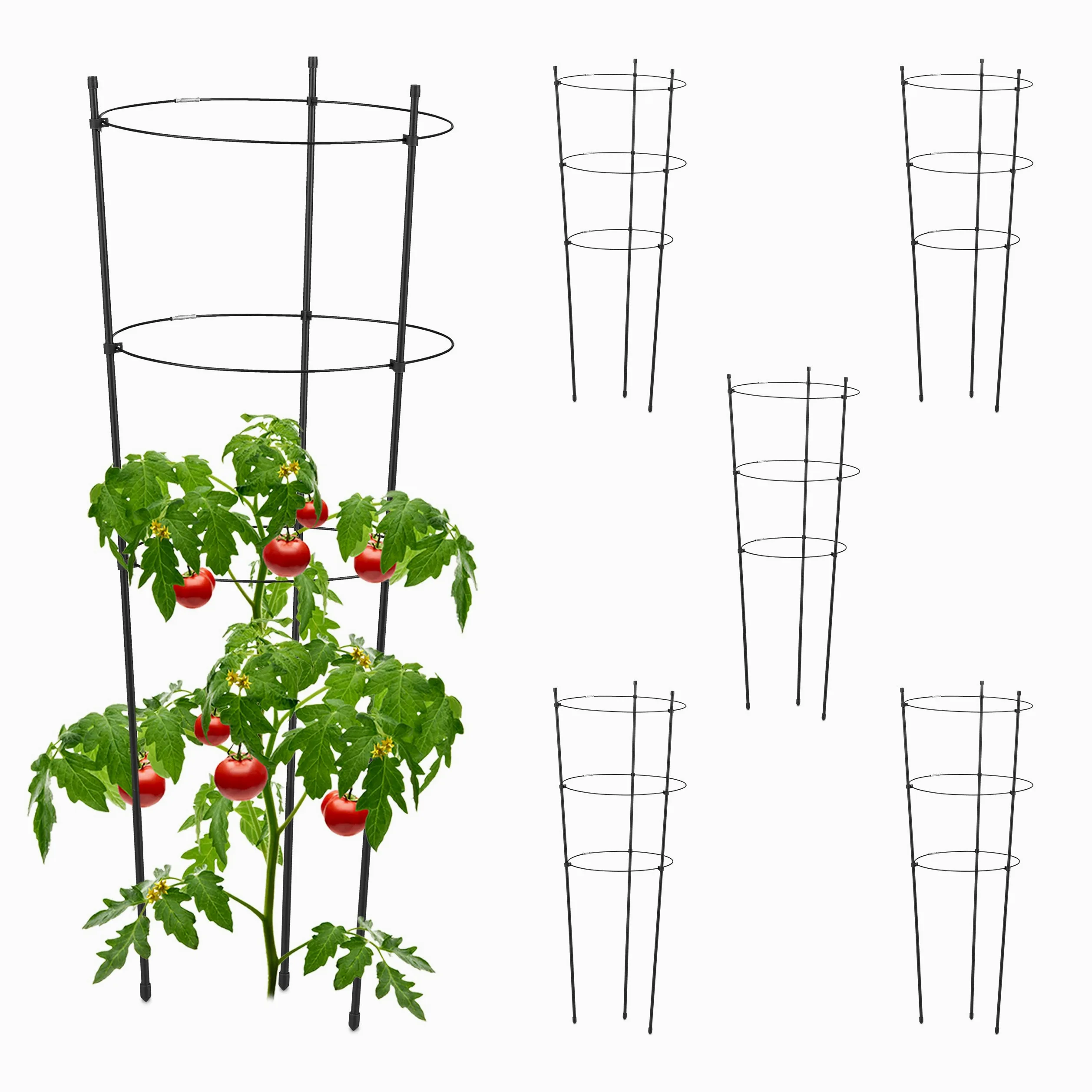 Relaxdays Tuteur pour tomates, Plantes grimpantes, Lot de 6, métal & Plastique, 3 Anneaux réglables, Hauteur 76 cm, Noir