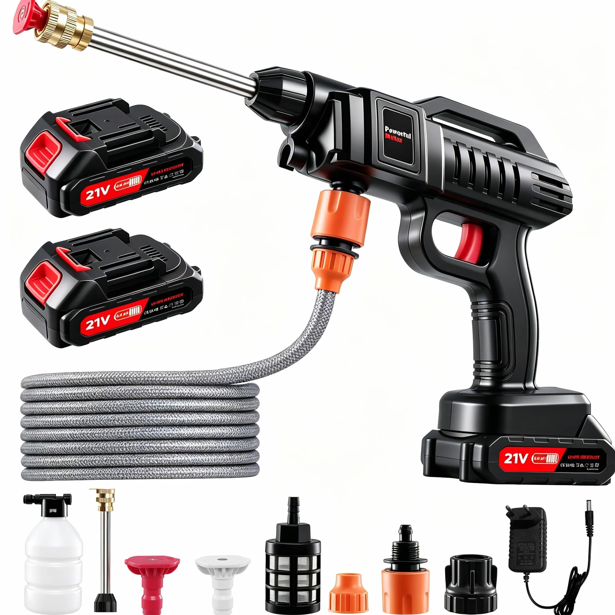Nettoyeur Haute Pression avec Batterie,1500w,60Bar,21 V buse Multifonction 3 en 1,Nettoyeur Haute Pression Portable,avec 2 Buses,2 Batteries,Tuyau de 5m,Nettoyeur Haute Pression(Pas de Seau)