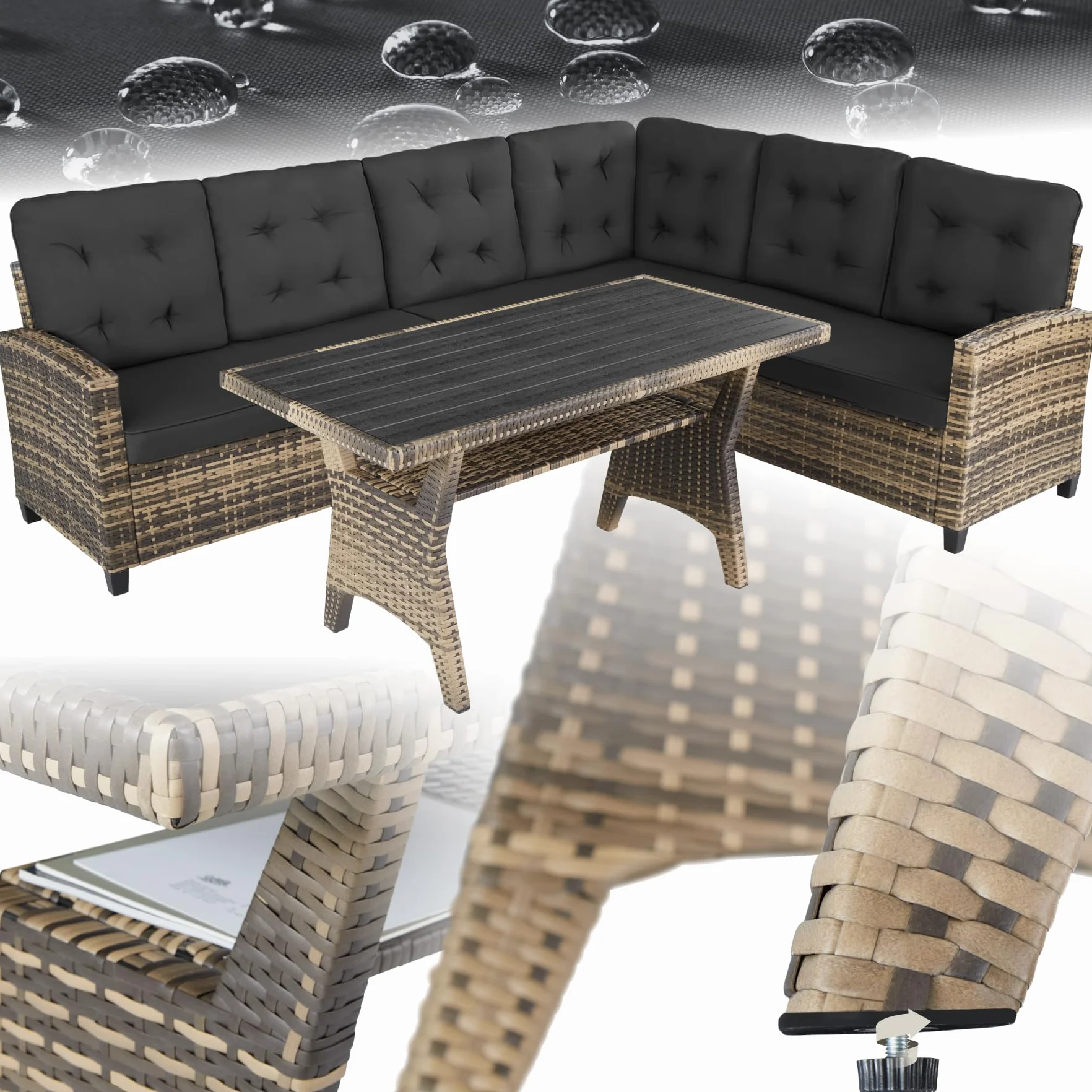 tectake Ensemble Salon de Jardin XXL Poly Rotin Canapé 6 Places Table Jardin Mobilier Exterieur