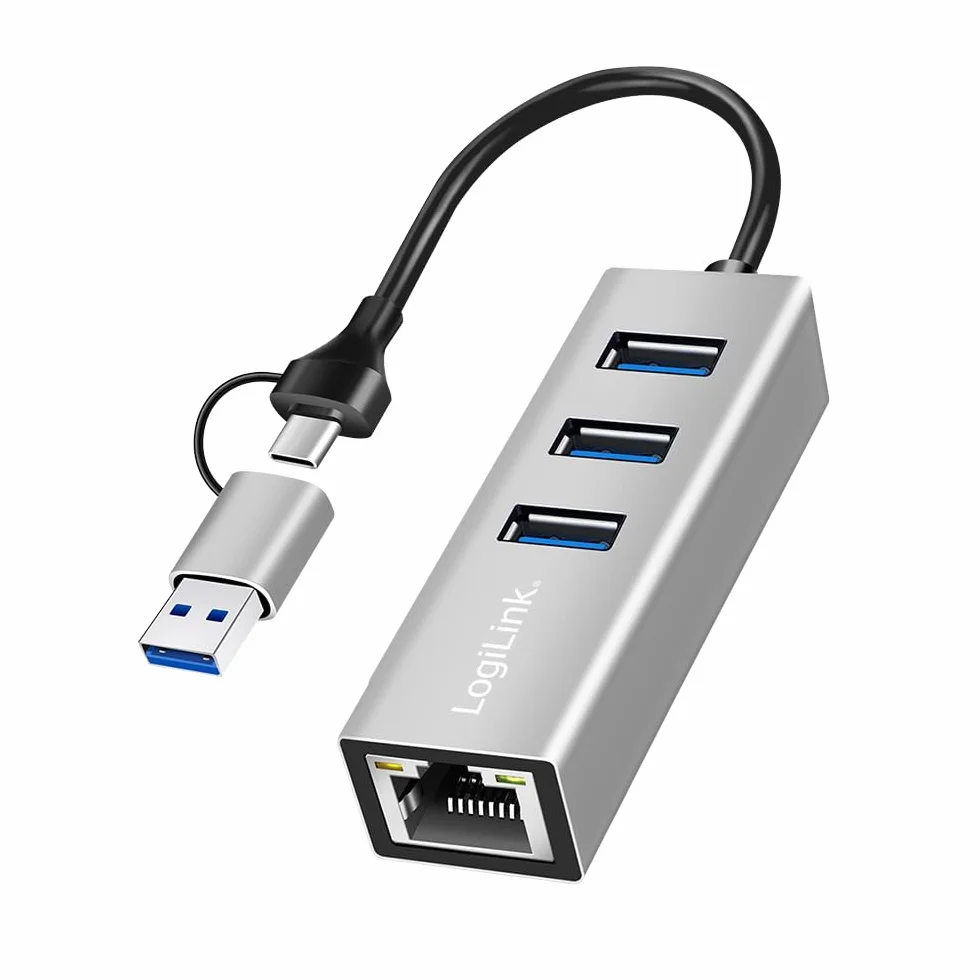 LogiLink UA0440 Hub USB-C 3.2 Gen 1 Adaptateur Ethernet RJ45 5G 3 Ports USB-A