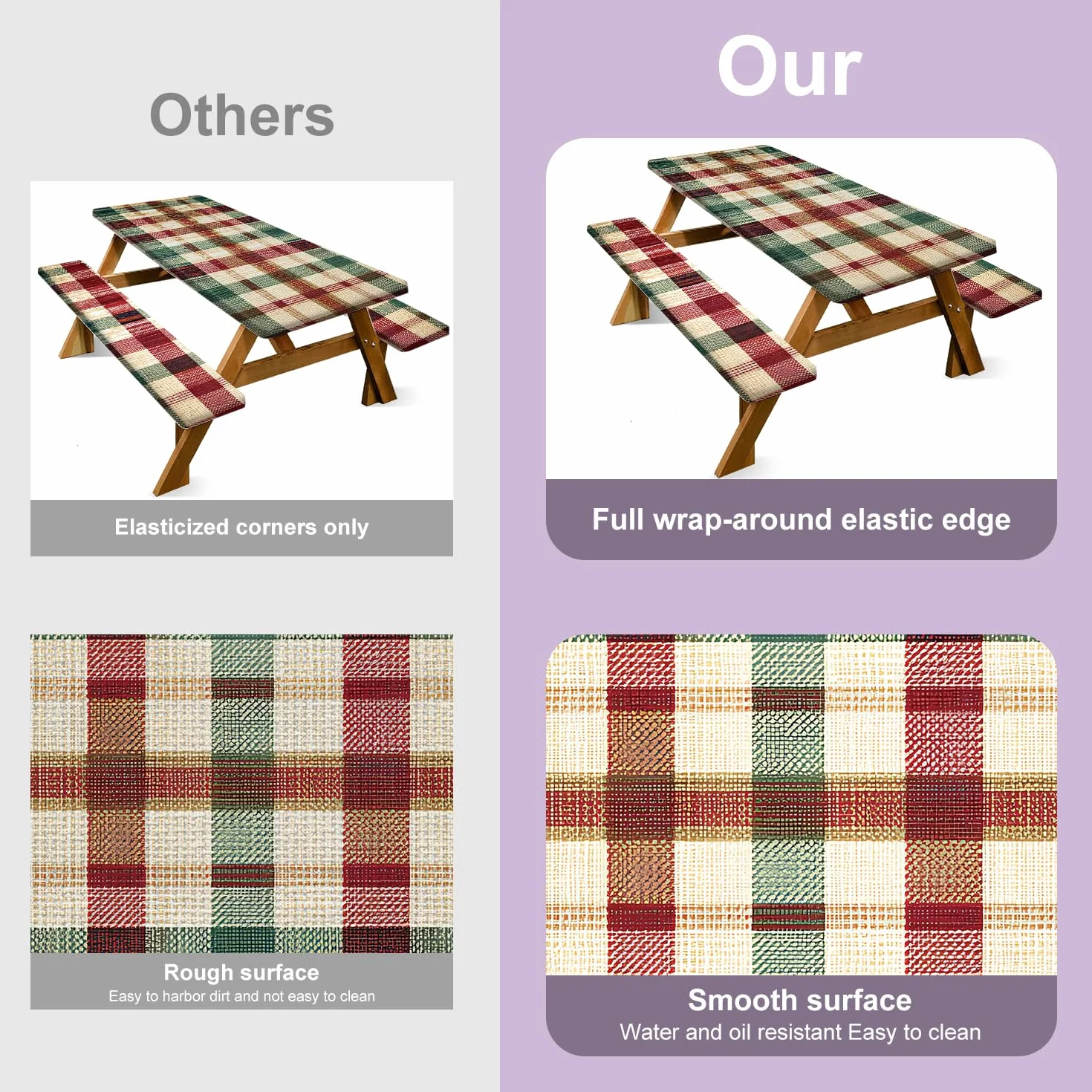 Nappe Table Pique Nique 6FT Carreaux Rouge Vert Lot de 3, Housse Imperméable Extérieur 72"x30" avec Housses Banc