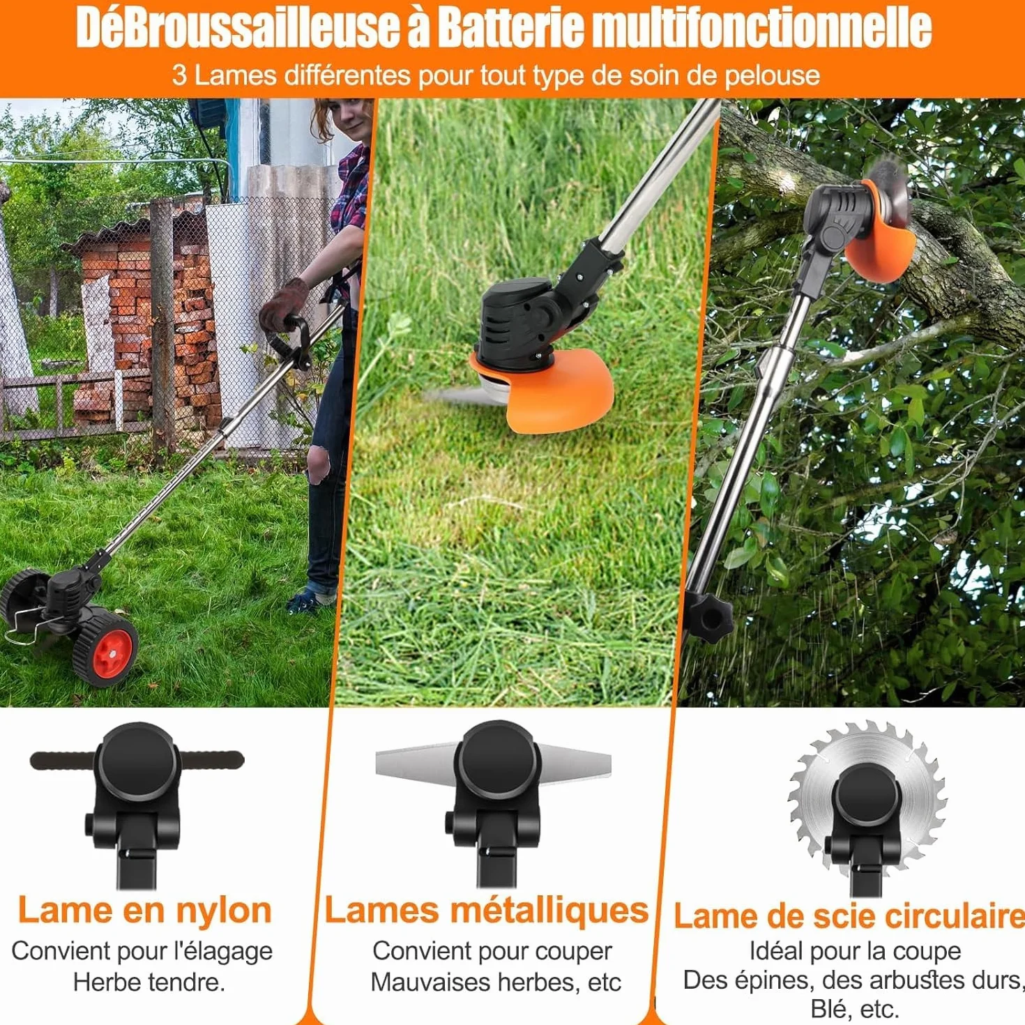 Débroussailleuse Electrique sans Fil,Coupe Bordure 2 Batteries 21v et Chargeur Taille Manche télescopique, Roues Amovibles réglables,Légère à Faible Bruit pour La Coupe De Jardin,Pelouses Arbustes
