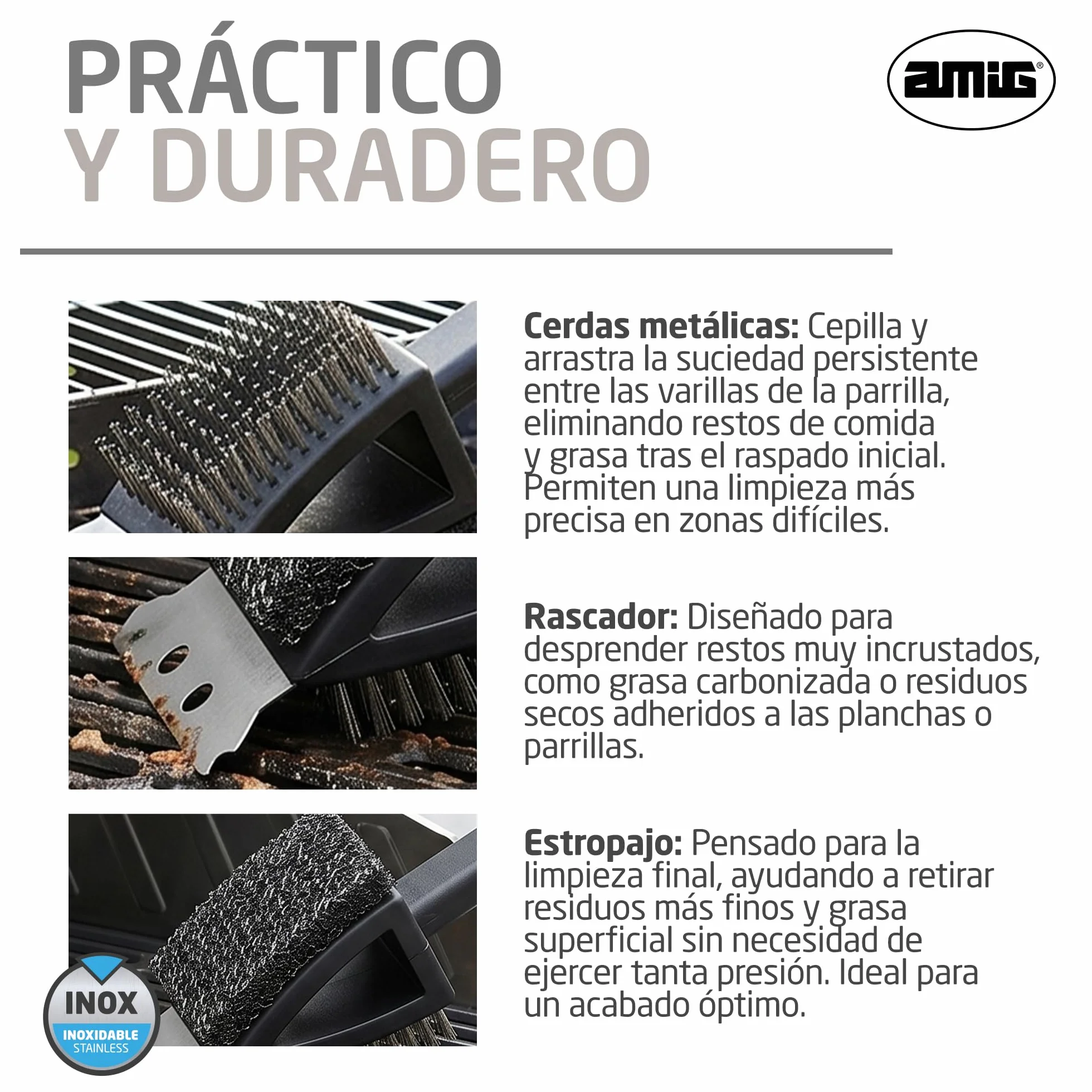 Amig Brosse de Nettoyage Barbecue 3 en 1 AM20 - Acier Inoxydable 201, 37 x 6 cm
