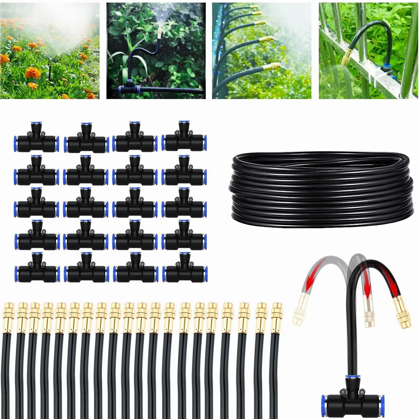 Kit d'irrigation goutte à goutte flexible à 360 ° avec tuyau de brume – Système d'irrigation automatique réglable pour jardin, pelouse et plantes (installation facile, configuration en 6 étapes)