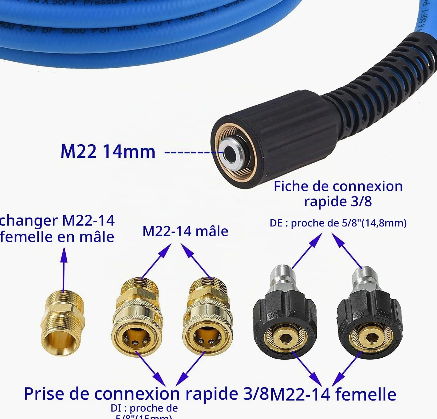FIXFANS Tuyau d'extension de nettoyeur haute pression de 6,35 mm x 15,2 m – Tuyau haute pression de rechange résistant aux plis et à l'usure – Compatible avec les raccords M22 – 3600 PSI