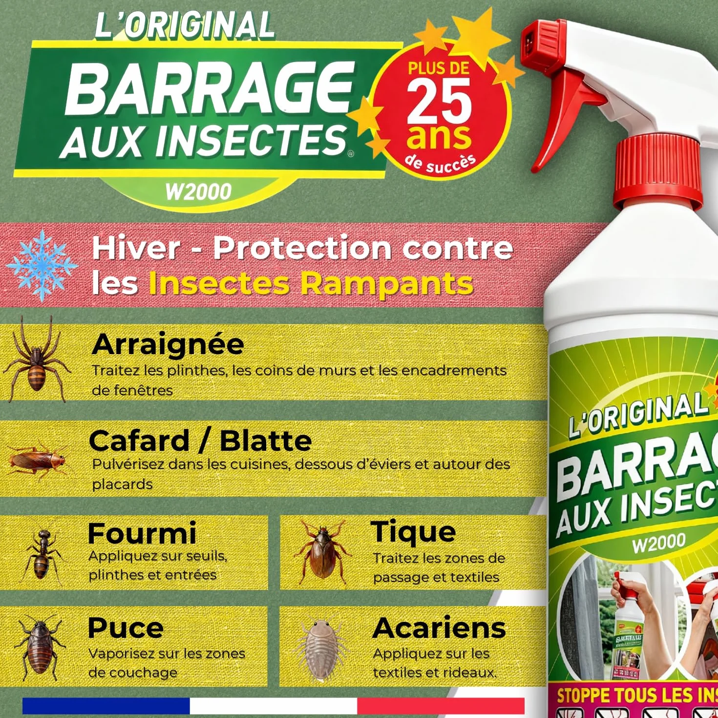 Lot de 4x1L W2000 avec 2 Vaporisateurs - Insecticide Insectes Volants et Rampants - Protection 6 Mois