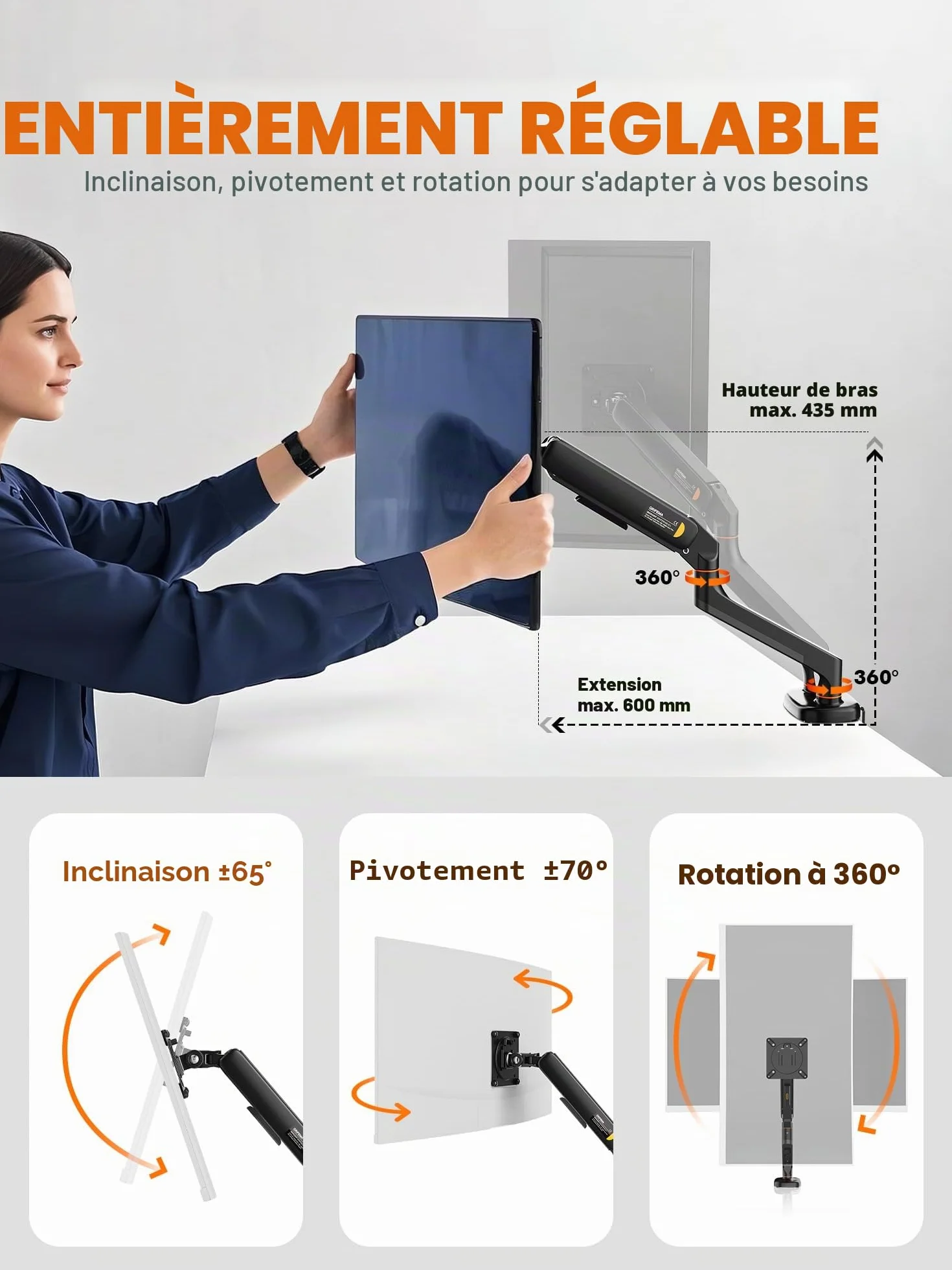 Ibergrif Bras Double Écran PC Support 2 Moniteurs 13-27 Pouces Bras à Gaz Réglable Hauteur Inclinaison Rotation 360° Charge 9 kg VESA 75/100mm