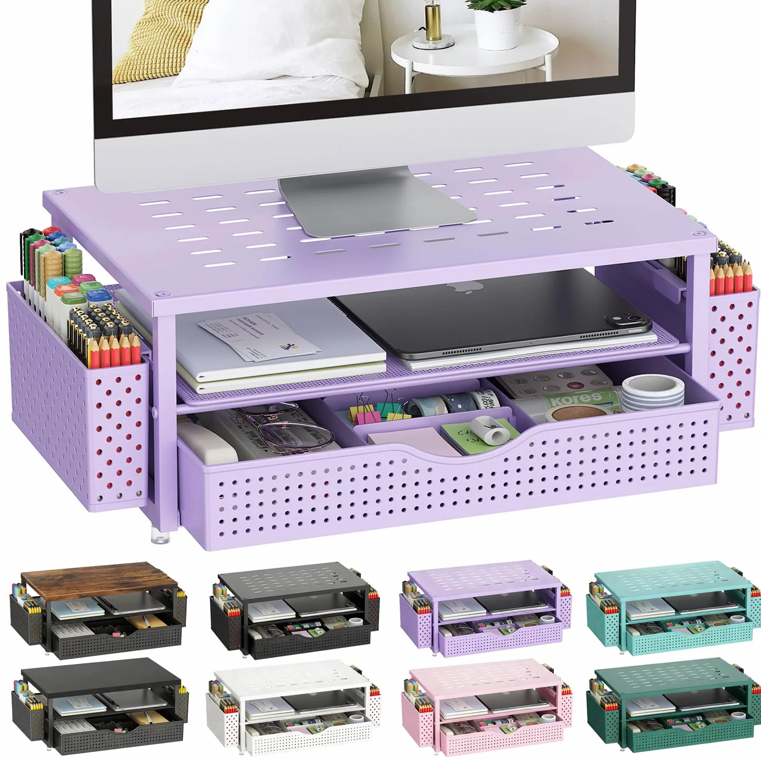 Gianotter Support de Moniteur avec Tiroir et Porte-stylos, Organisateur de Bureau Violet