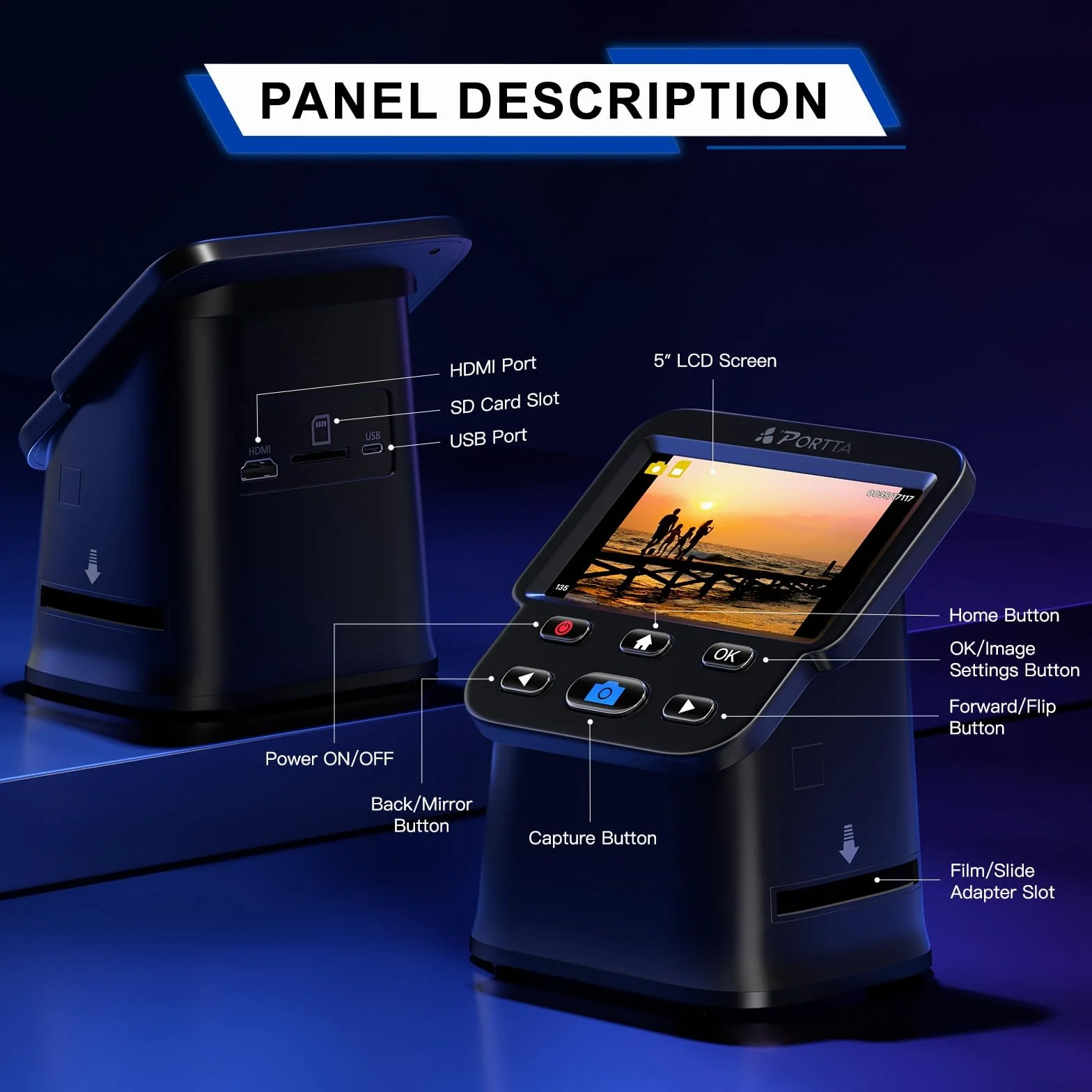 PORTTA Scanner Diapositives 5" LCD 22MP Film & Negative Scanner 135 126 110 HDMI SD Card