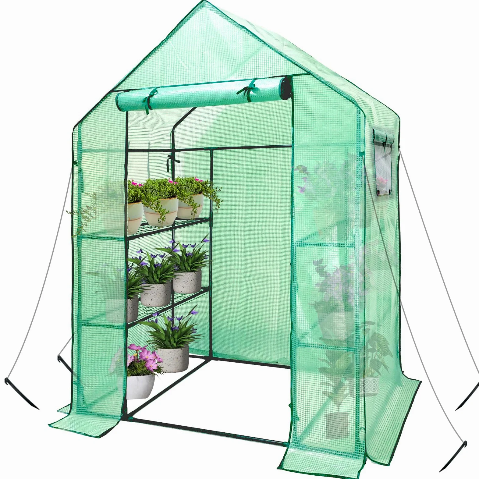 Serre de Jardin avec 6 Étagères, Serre à tomates Foilen, Couverture en renforcé PE avec Porte et fenêtres et Cadre en Acier, Vert, 143x73x195cm