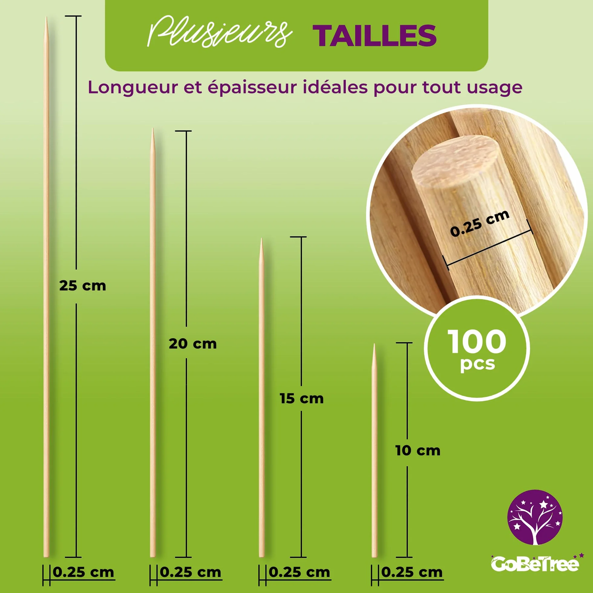 Piques à Brochette en Bois de Bouleau 15 cm x 2,5 mm Extra Résistants pour Barbecue