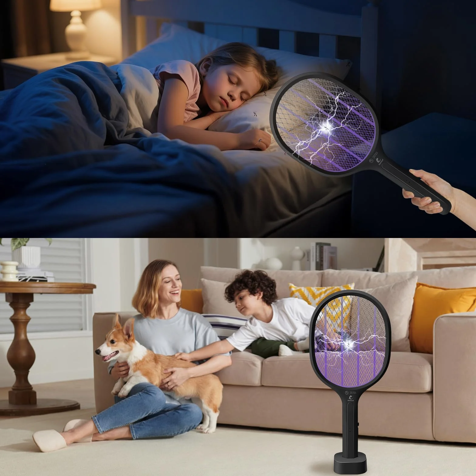 Raquette Electrique Insectes 2-in-1 Anti Moustique Tapette à Mouche 3000V USB Rechargeable