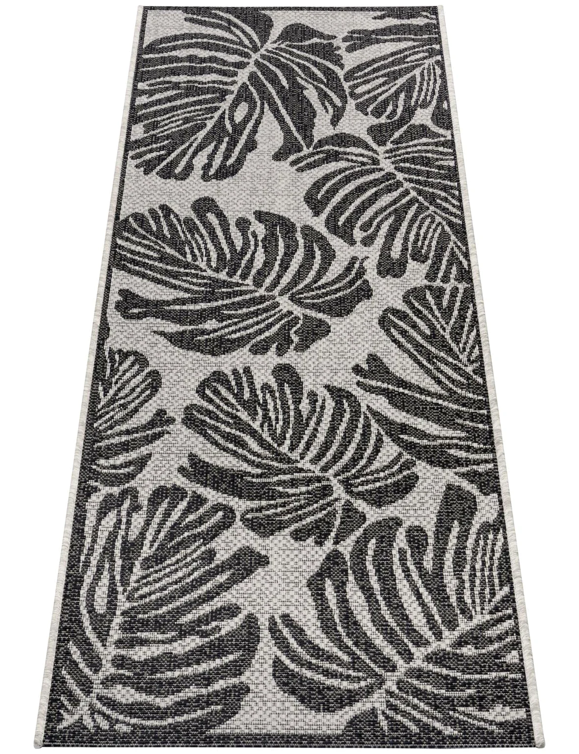 NORTHRUGS Tapis d'extérieur Monstera (70 x 300 cm, Motif Floral, 100% polypropylène, résistant et Facile d'entretien, résistant aux Rayons UV, salon, Balcon, terrasse, Jardin) Noir/crème, 70 x 300 cm