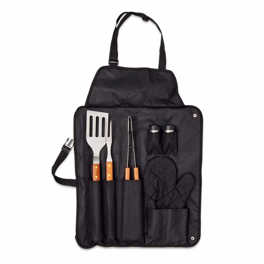 Set Barbecue Professionnel 7 Ustensiles Acier Inoxydable Kit Accessoires Grille Gant Matelassé Noir