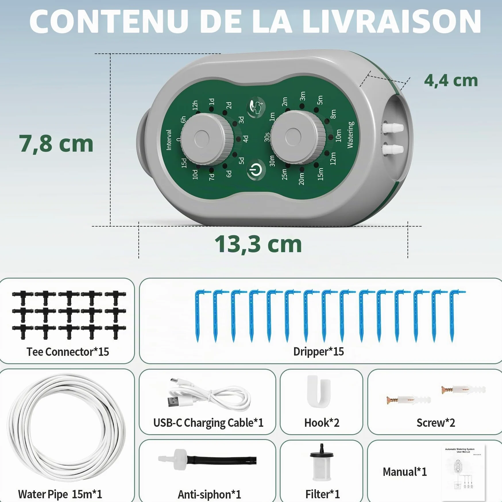 Système d'Arrosage Automatique Interieur Rechargeable Kit Arrosage Goutte à Goutte pour 15 Plantes en Pot Système d'Irrigation d'Intérieur pour Interieur, Balcons, Serre, Jardin