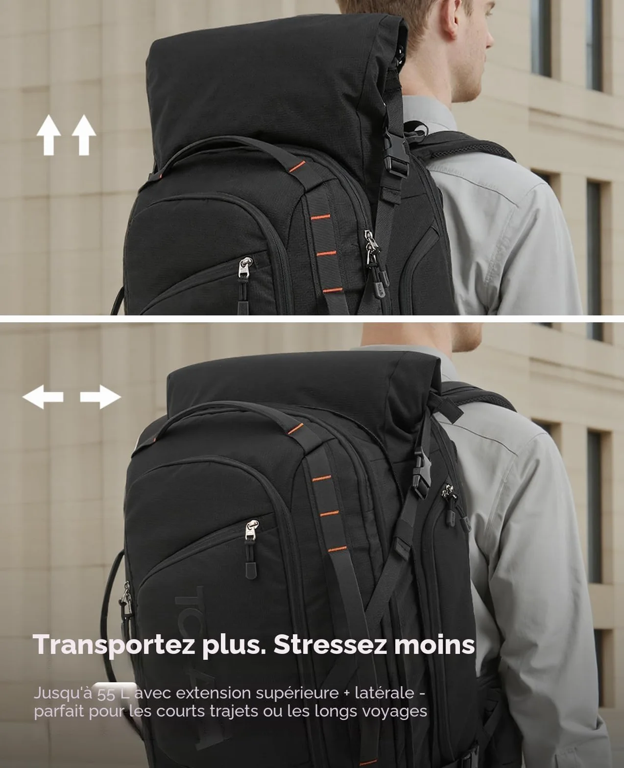 Tolaccea Sac à Dos Voyage Cabine Avion 40L-55L Grand Sac à Dos Roll-Top PC 17,3" Imperméable TSA Antivol