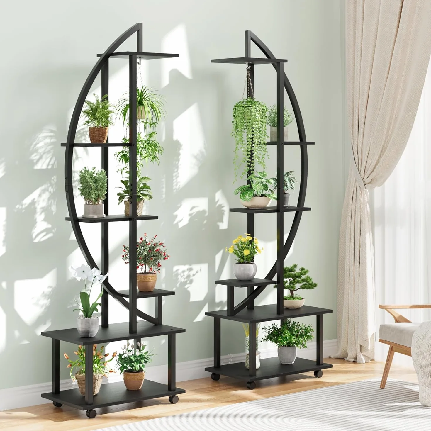 Supports pour Plantes d'intérieur 2 Pièces, 6 Niveaux 172 cm, Roulettes, Demi-Cœur, Métal-Bois, Noir
