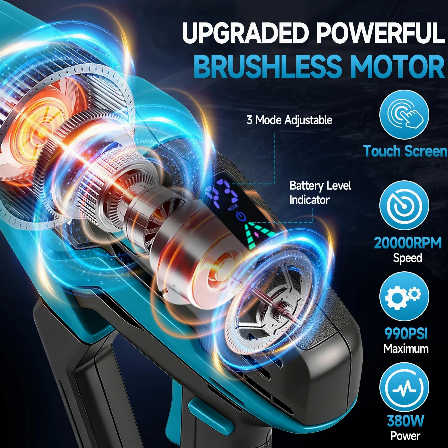 Nettoyeur haute pression sans fil compatible avec batterie Makita 18 V, pompe à eau à 3 pistons améliorée, 68 bar, nettoyeur haute pression portable sans balais avec buse 6 en 1, écran tactile