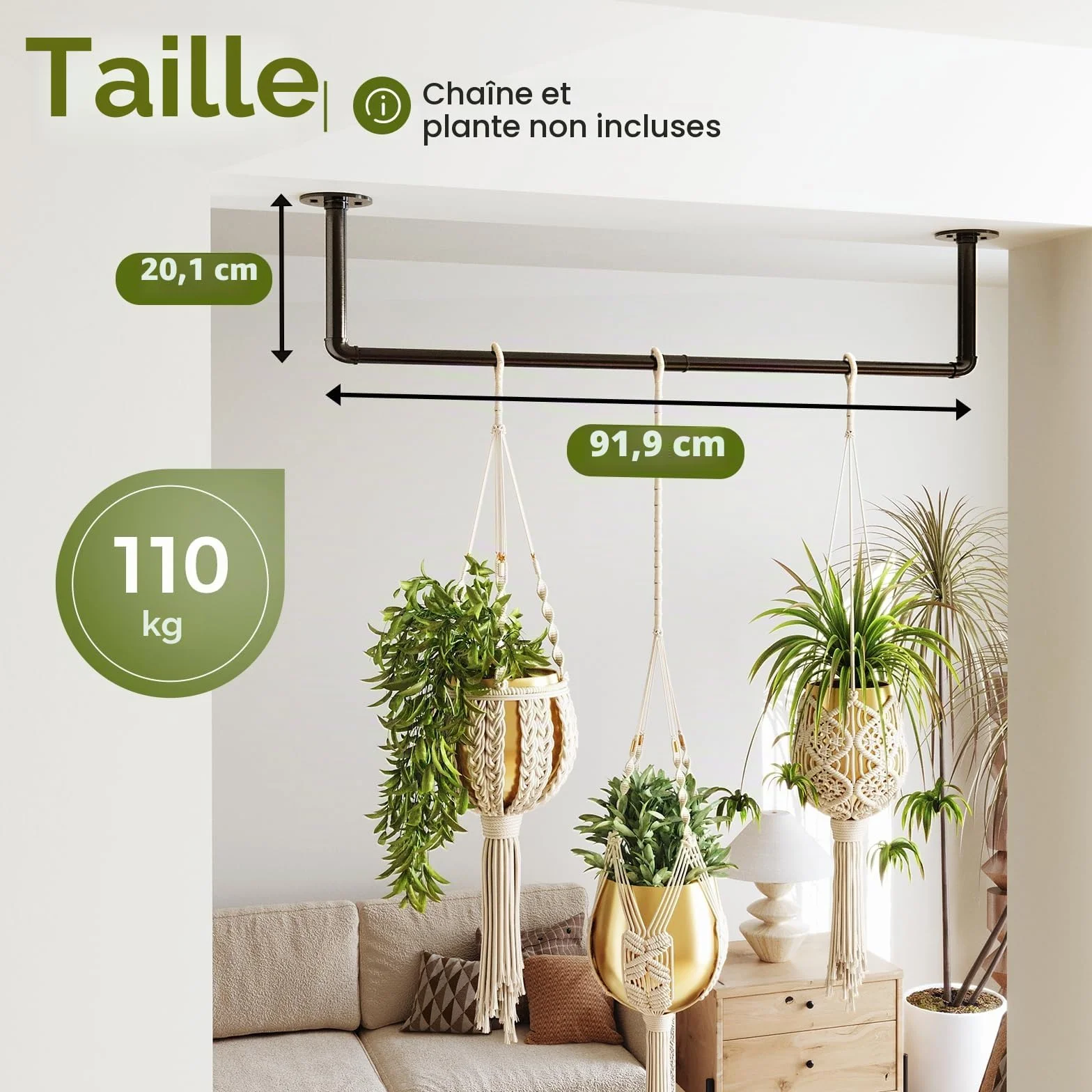 Bamworld Porte-Plantes Suspendues 92 cm Tringle Murale Métal