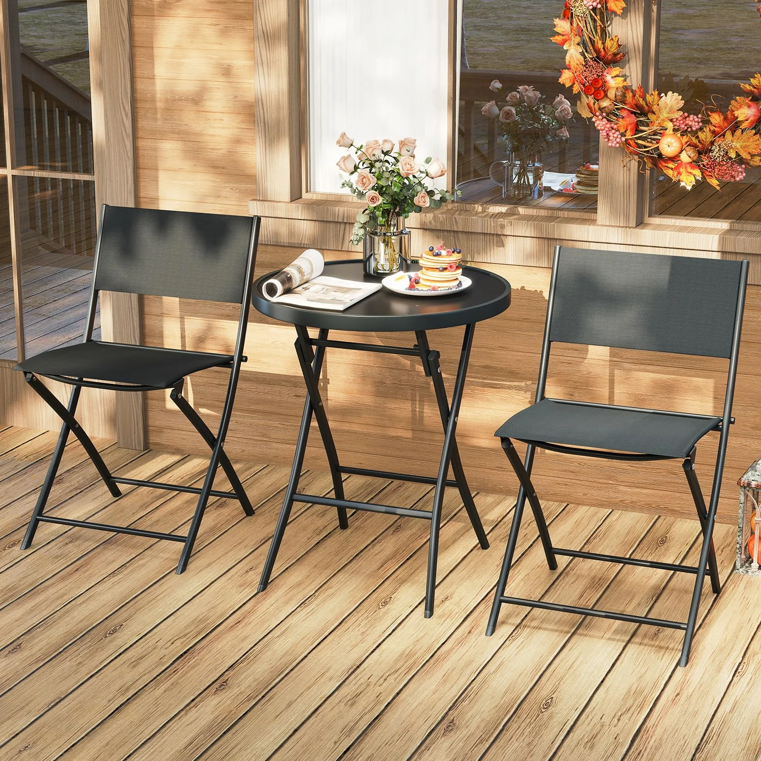 GIANTEX Ensemble Salon de Jardin 3 Pièces Table Ronde Pliante Verre Trempé 2 Chaise Pliantes Tissu Respirant Noir