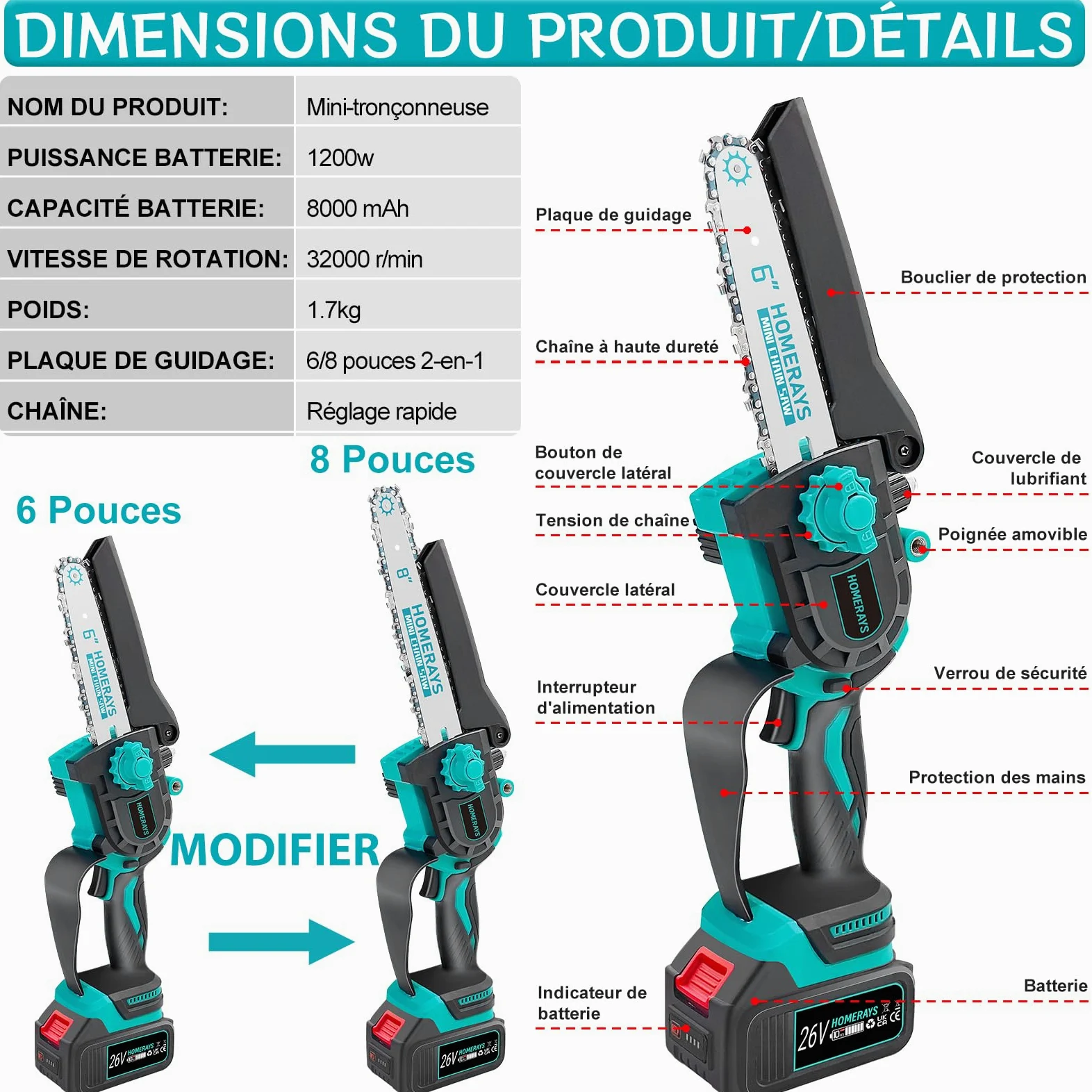 Mini Tronçonneuse a Batterie 8000mAh, 8 & 6 Pouces Lubrificateur Automatique et Électrique Tronçonneuse 2 * 4000mAh Brushless Elagueur, Pour La Coupe Du Bois, Branches, L'élagage, La Cour, Jardin