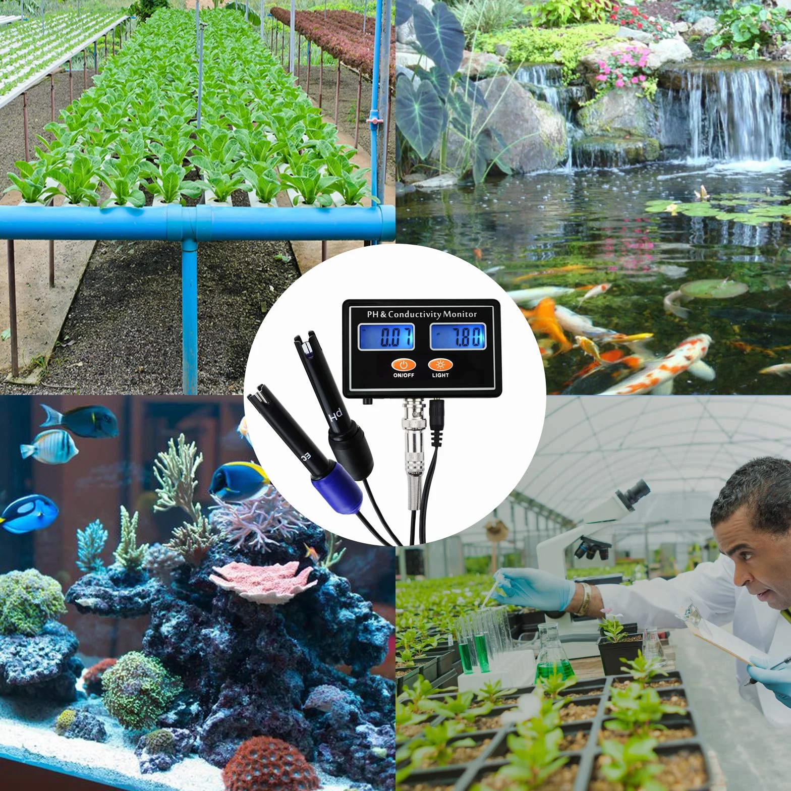 PH EC Conductivity Monitor Meter Rétro-éclairage ATC Qualité de l'eau Surveillance continue en temps réel Mesure Rechargeable 0.00~14.00pH / 0~19.99m S/cm Aquaculture Aquarium Pond Hydroponic
