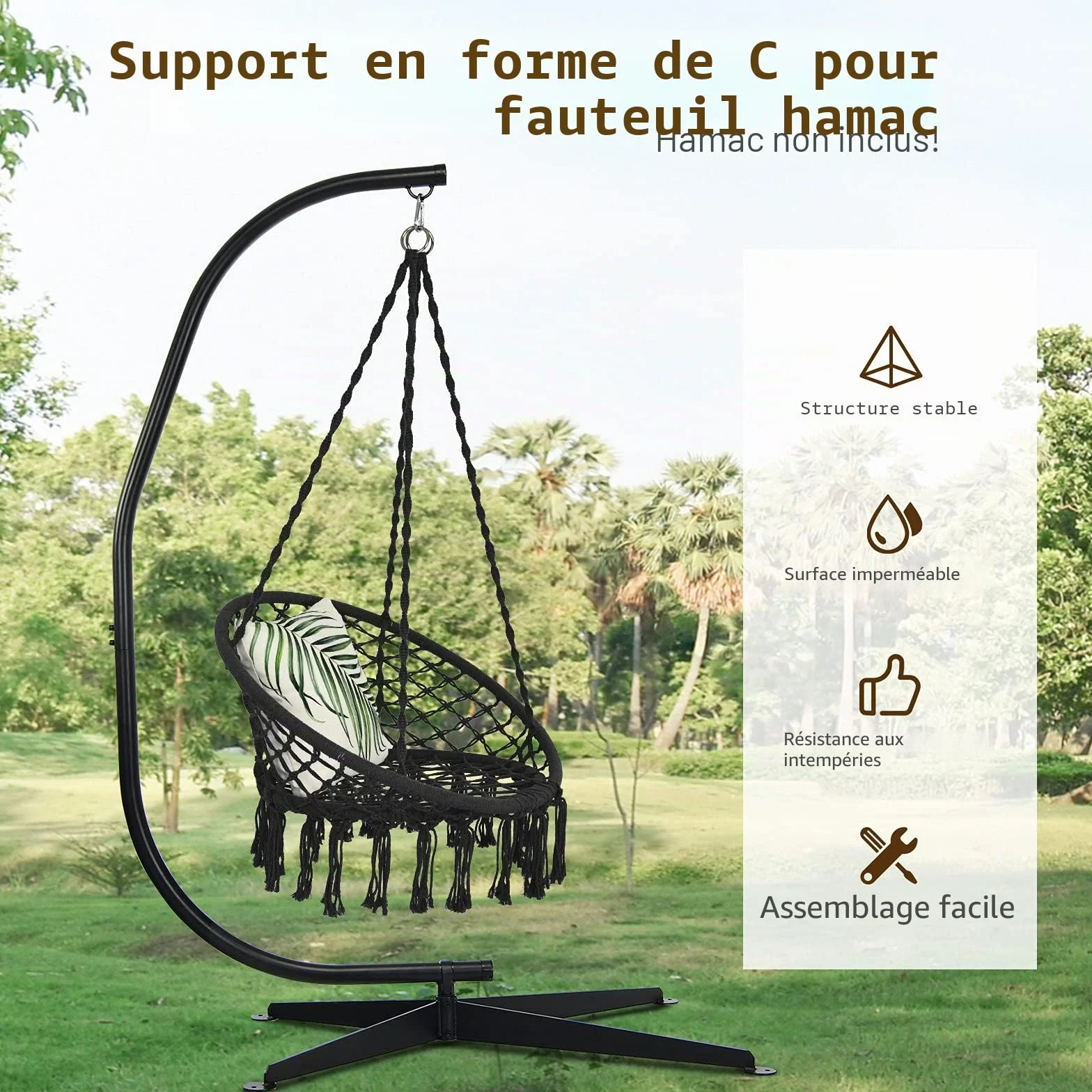 GIANTEX Fauteuil Suspendu Métallique 150 kg 111 x 84 x 207 cm Noir