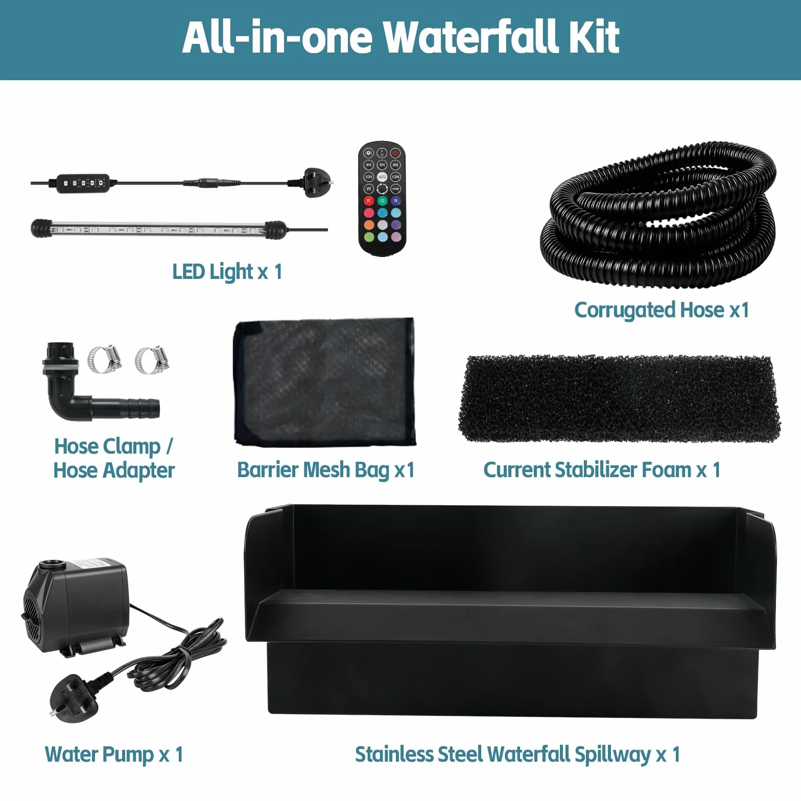 Cascade d'étang 30 cm LED Déversoir Kit Cascade Bassin 45 W 3000 l/h Pompe Télécommande