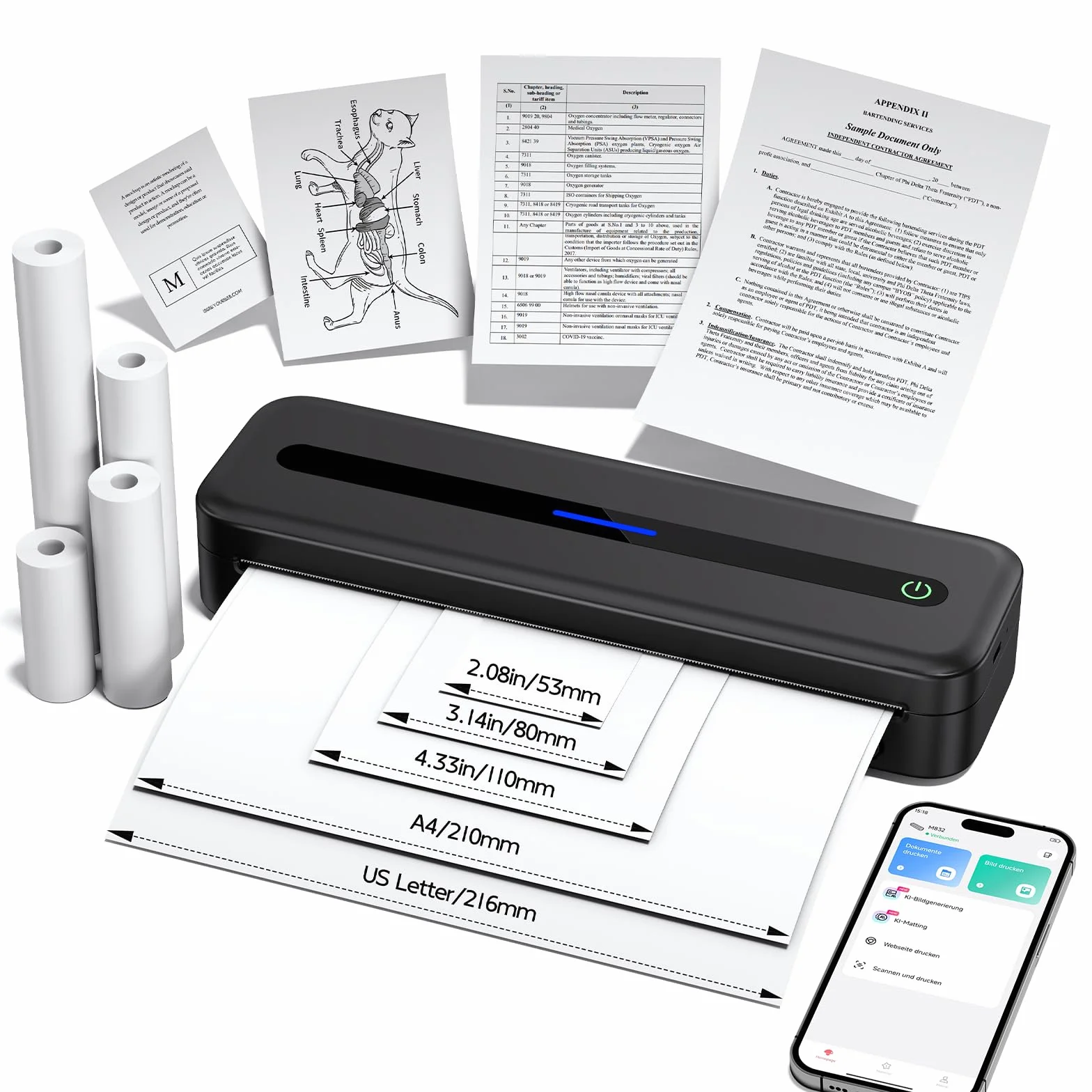 Imprimante Thermique Portable A4 Bluetooth 300DPI Sans Encre Noir