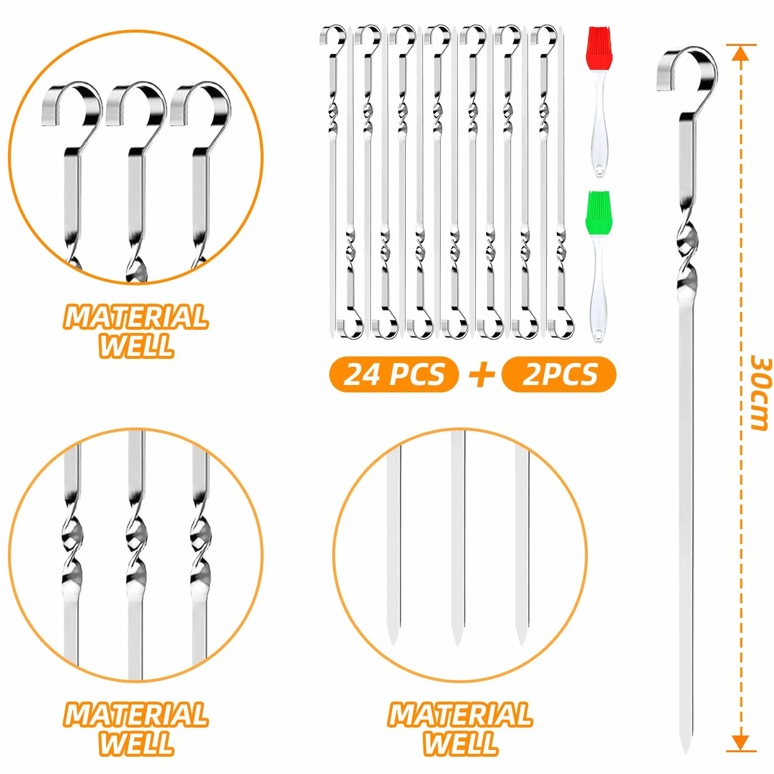Brochettes en Acier Inoxydable 24 Pièces avec Pinceaux Réutilisables pour Barbecue Viande Légumes