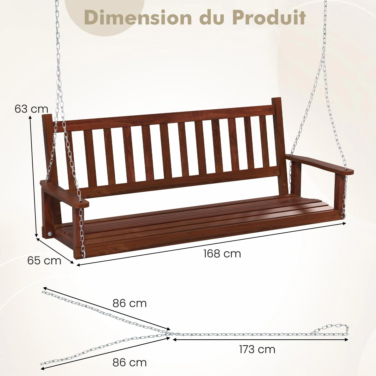 COSTWAY Balançoire Suspendue 3 Personnes Banc Extérieur Bois Massif Chaîne Réglable Charge 360KG Marron