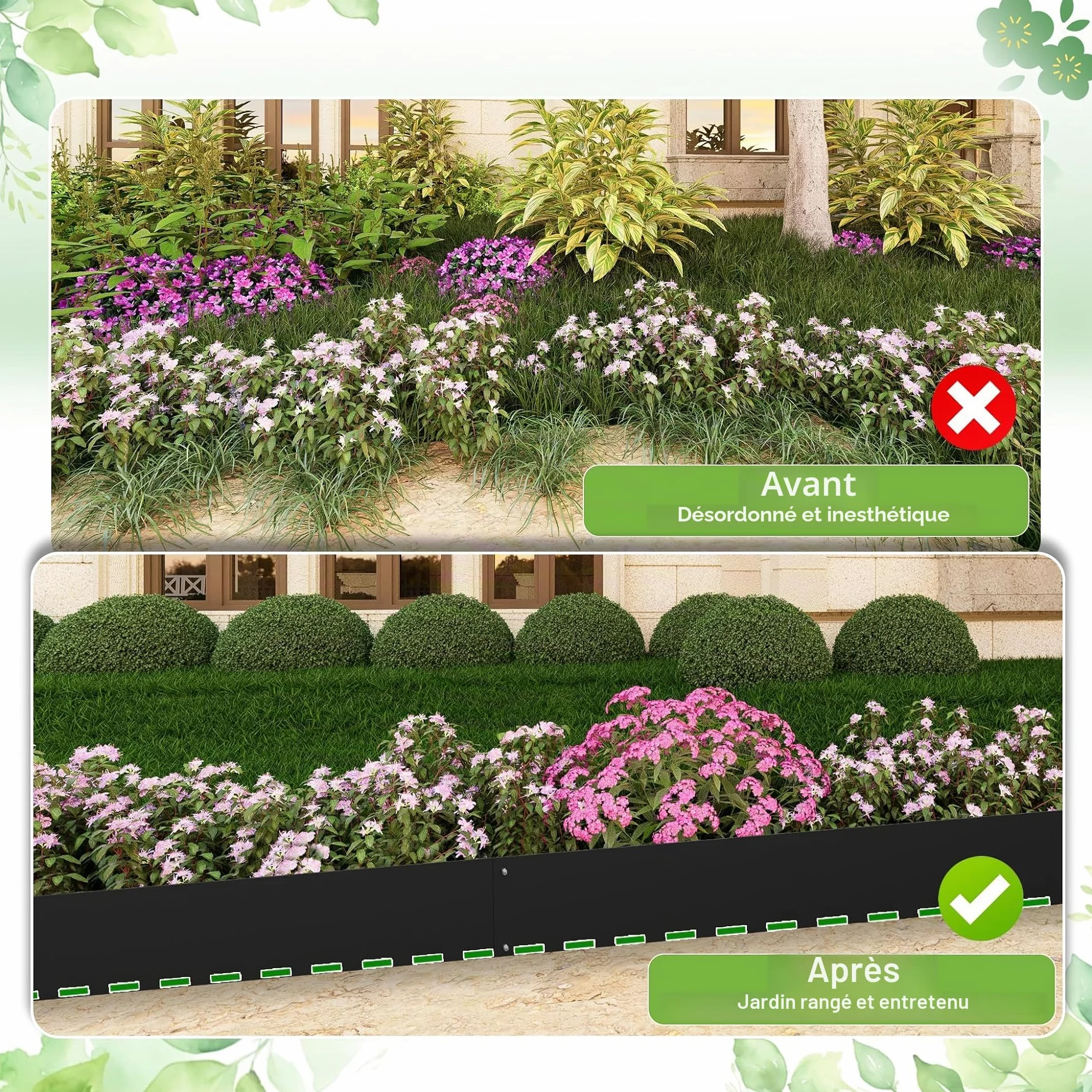 FIVMEN Lot de 10 bordures de pelouse en métal galvanisé avec 50 piquets d'ancrage - délimitation flexible de parterre - Noir - 100 x 10 cm
