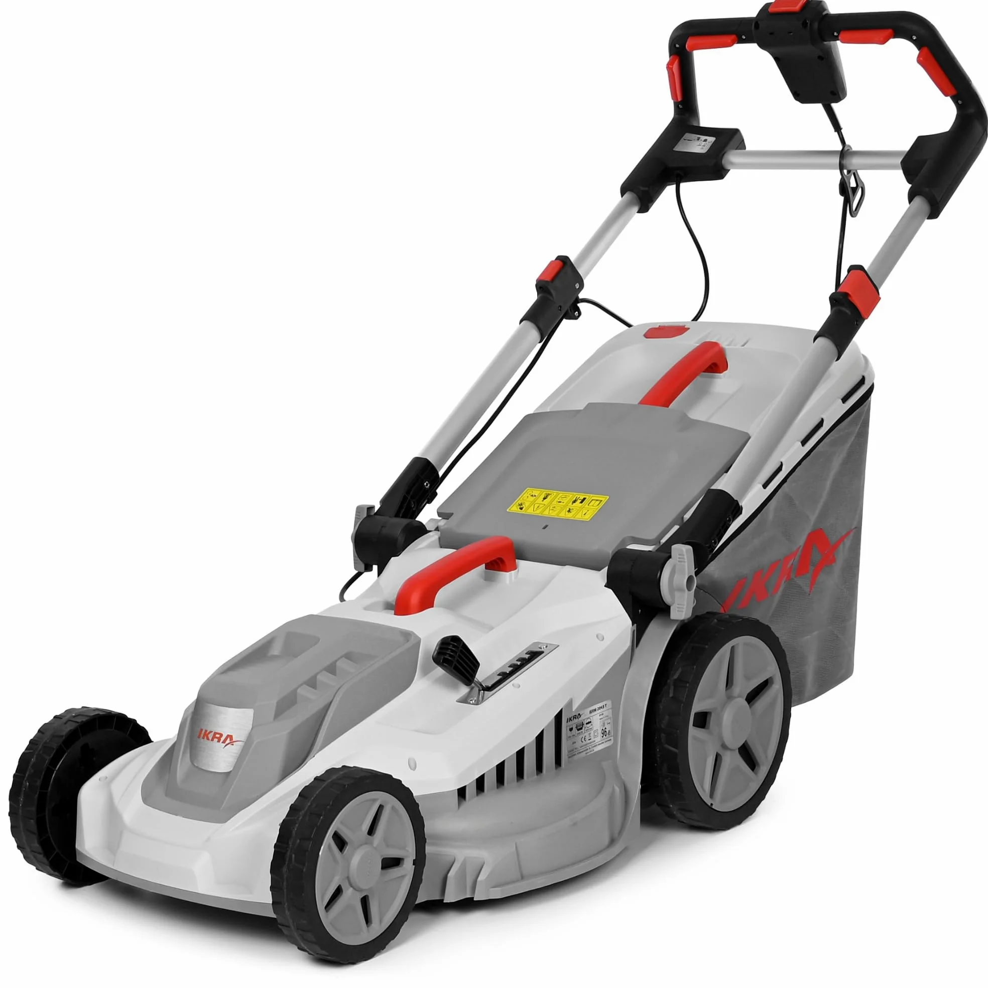 IKRA Tondeuse à Gazon électrique IERM 2043 T, 2000W, Largeur de Coupe 43 cm | Poignée réglable en hauteur sur 3 positions, hauteur de coupe réglable (30-75 mm), sac de 50 l et kit de mulching inclus