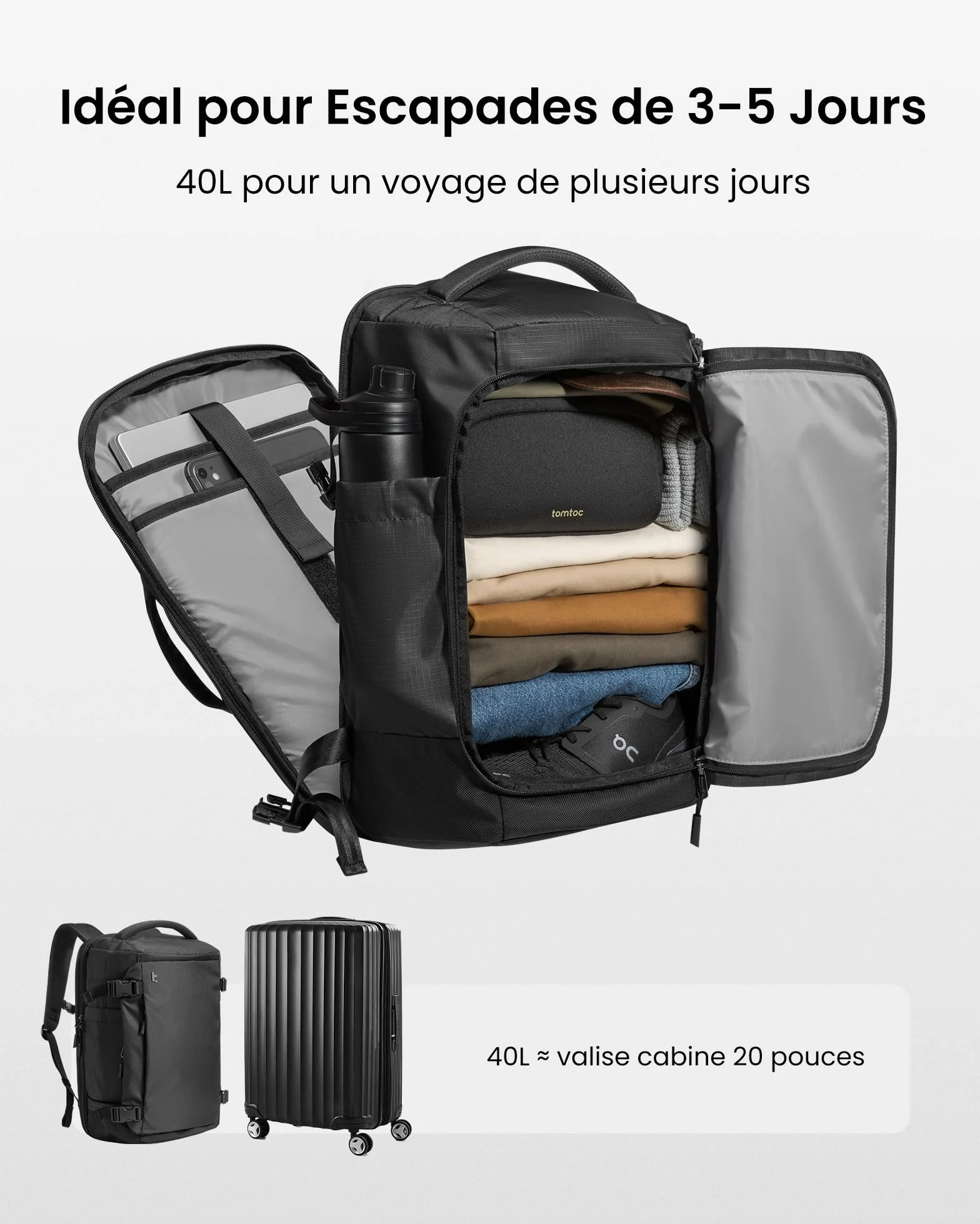 Tomtoc Sac à Dos de Voyage 40L, Bagage Cabine Imperméable TSA, Ordinateur 17,3 Pouces