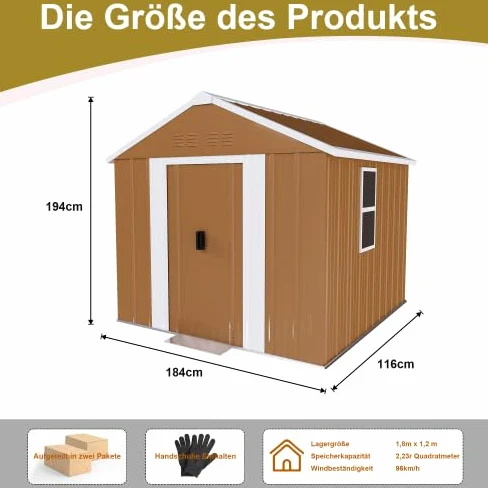 Abri de jardin en acier 184 x 110 cm - Abri de jardin en métal résistant aux intempéries avec fenêtres, double porte coulissante verrouillable et ventilation - Abri à outils pour outils de jardin