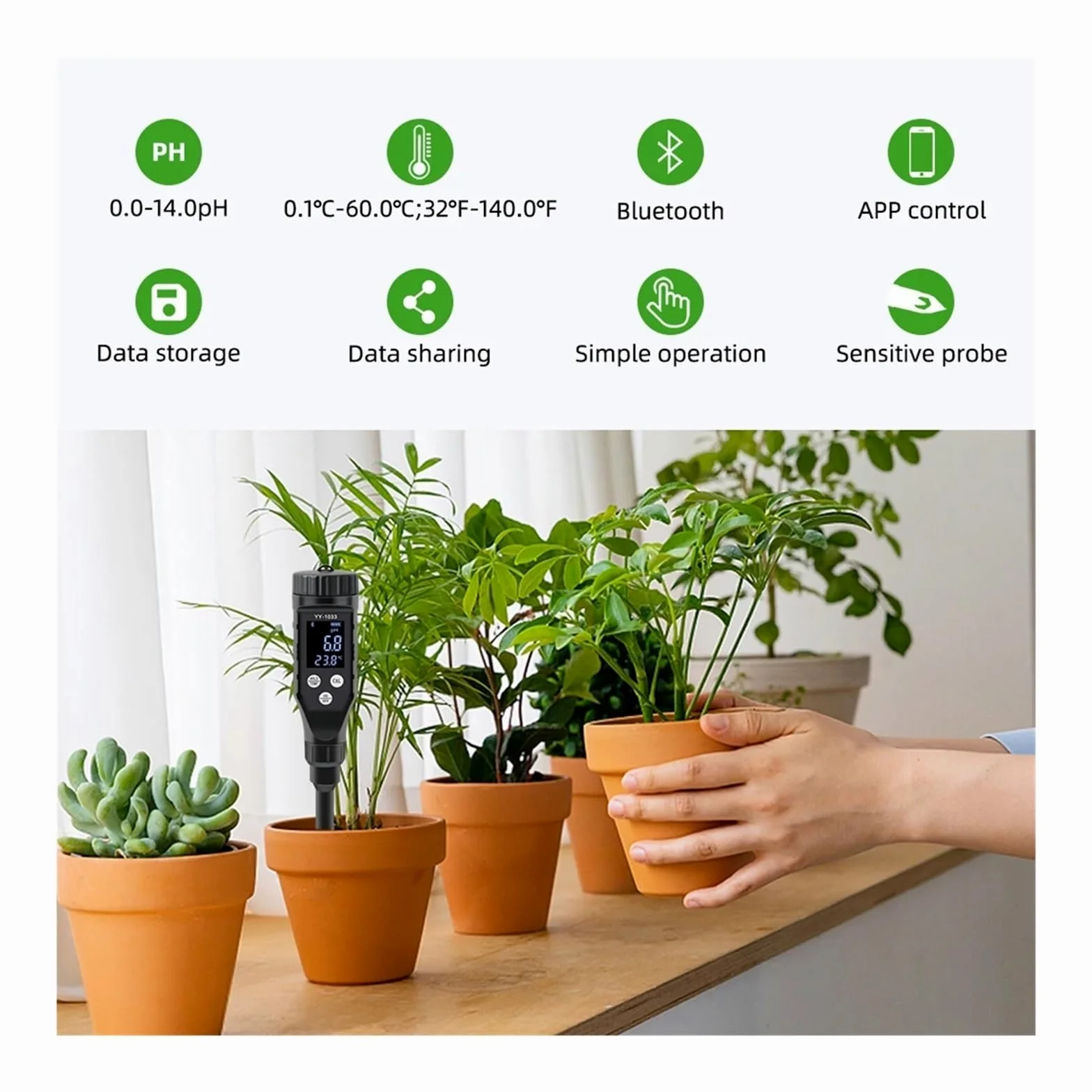 Testeur de pH Sol intellint 0, à 14, Bluetooth, enregistreur données, analyseur température et d'acidité for Culture hydroponique, Plantation, Jardin, Terres agricoles Jardinage, Agriculture