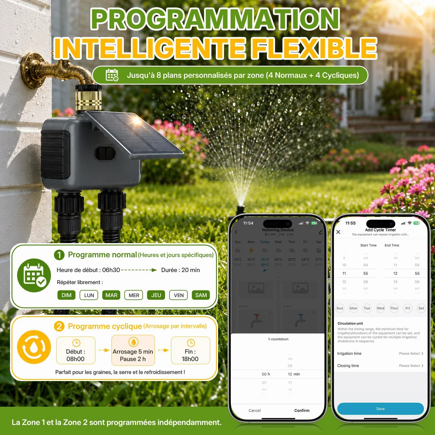 Mcbazel Programmateur d’Arrosage Automatique WiFi à 2 Sorties pour Jardin et Pelouse, avec Panneau Solaire Rechargeable, Conception Étanche IP55, Compatible Application Smart Life et Assistants Vocaux
