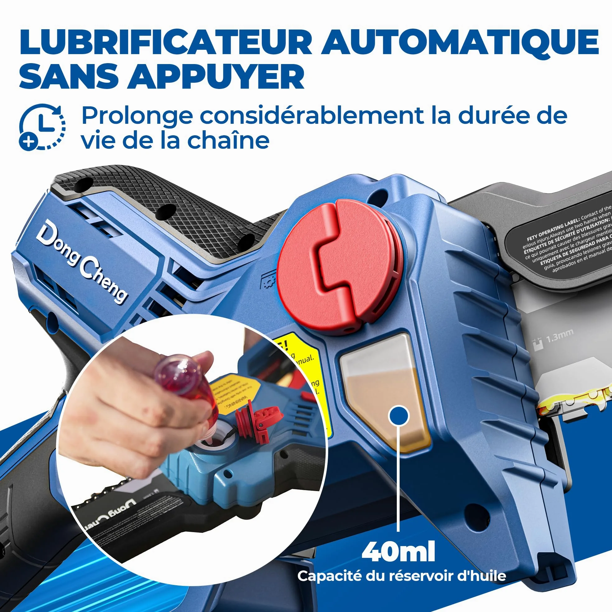 DongCheng mini tronconneuse a batterie 20V, brushless 750W, 2×2000mAh, 8m/s | Jusqu'à 270 coupes dans bois 50×50mm, 1,2kg scie légère à une main, tension de chaîne sans outil, graissage auto, guide 15cm