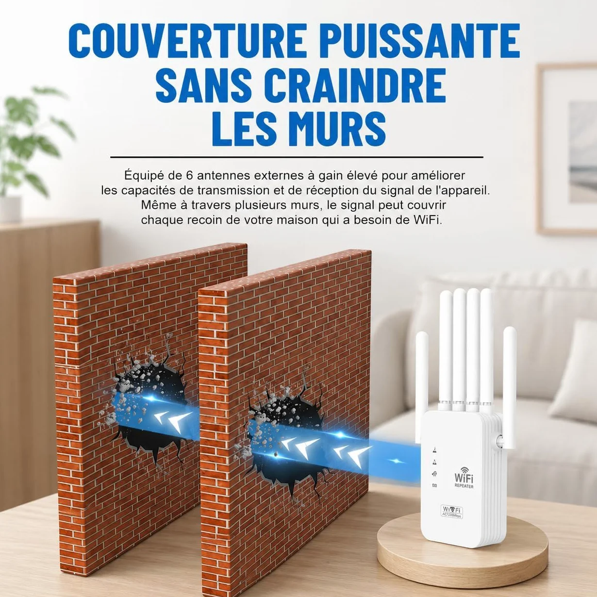 Répéteur WiFi 1200 Mbps Amplificateur WiFi Double Bande 5 GHz & 2,4 GHz avec WPS 6 Antennes 2 Ports Gigabit Ethernet