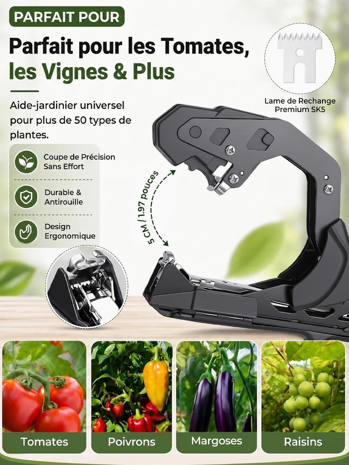 Lieuse professionnelle pour plantes avec 10 rouleaux de ruban de 60 m, 500 g | Revêtement noir anti-corrosion, structure équilibrée anti-fatigue pour vignes et tomates.