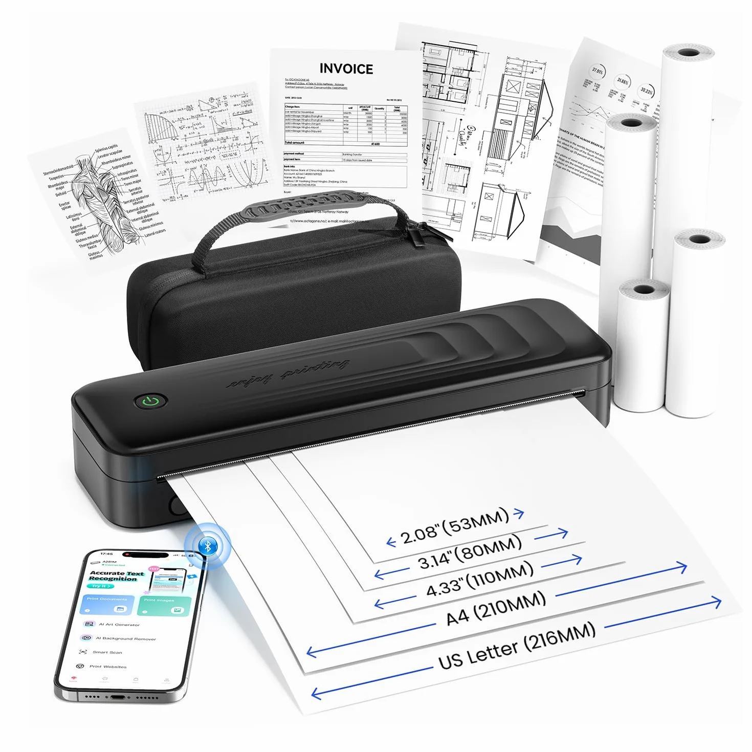 TATTMUSE Imprimante Thermique A4 Portable Bluetooth sans Encre pour Voyage, Noir
